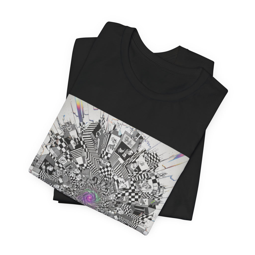 Psychedelic Cityscape Tee — Abstract Optical Art T‑Shirt with Purple Eye