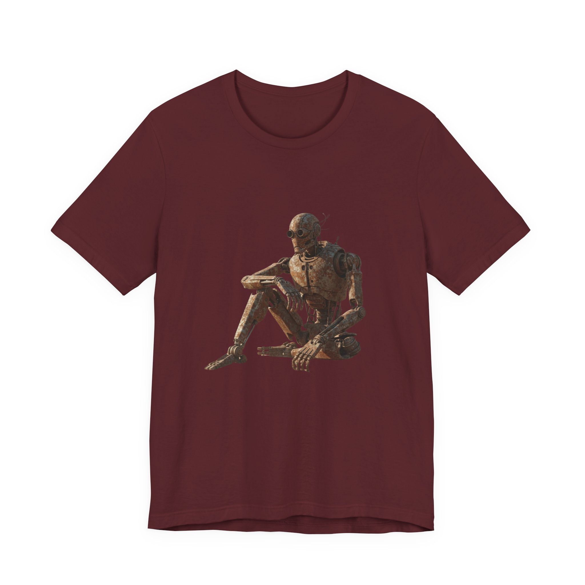 Rustic Robot Art Tee — Sitting Cyborg Graphic T-Shirt