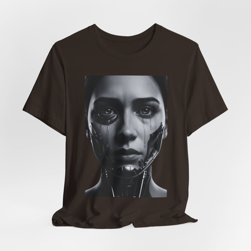 Cybernetic Woman Portrait Tee — Futuristic Black & White Sci‑Fi Face Graphic T-Shirt