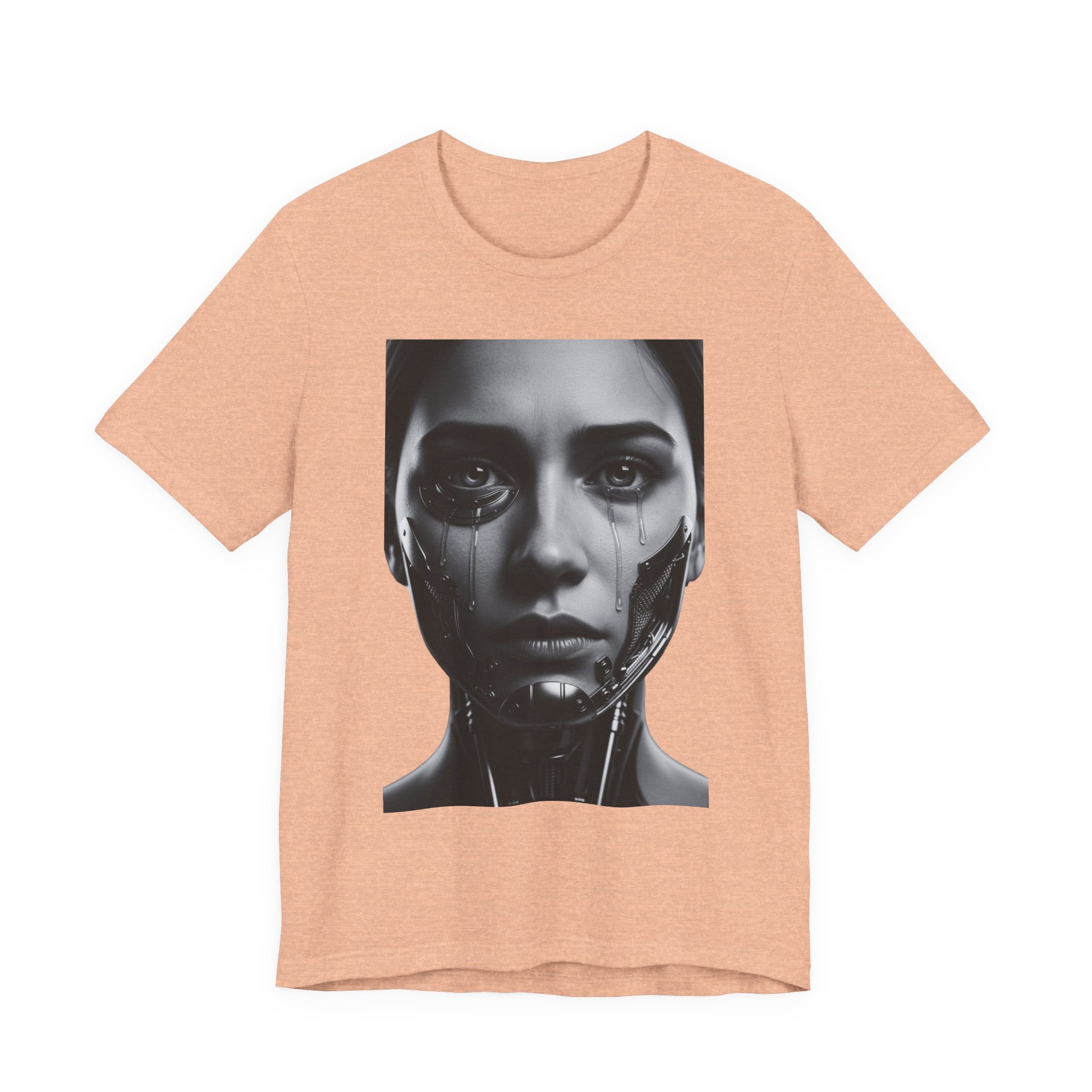 Cybernetic Woman Portrait Tee — Futuristic Black & White Sci‑Fi Face Graphic T-Shirt