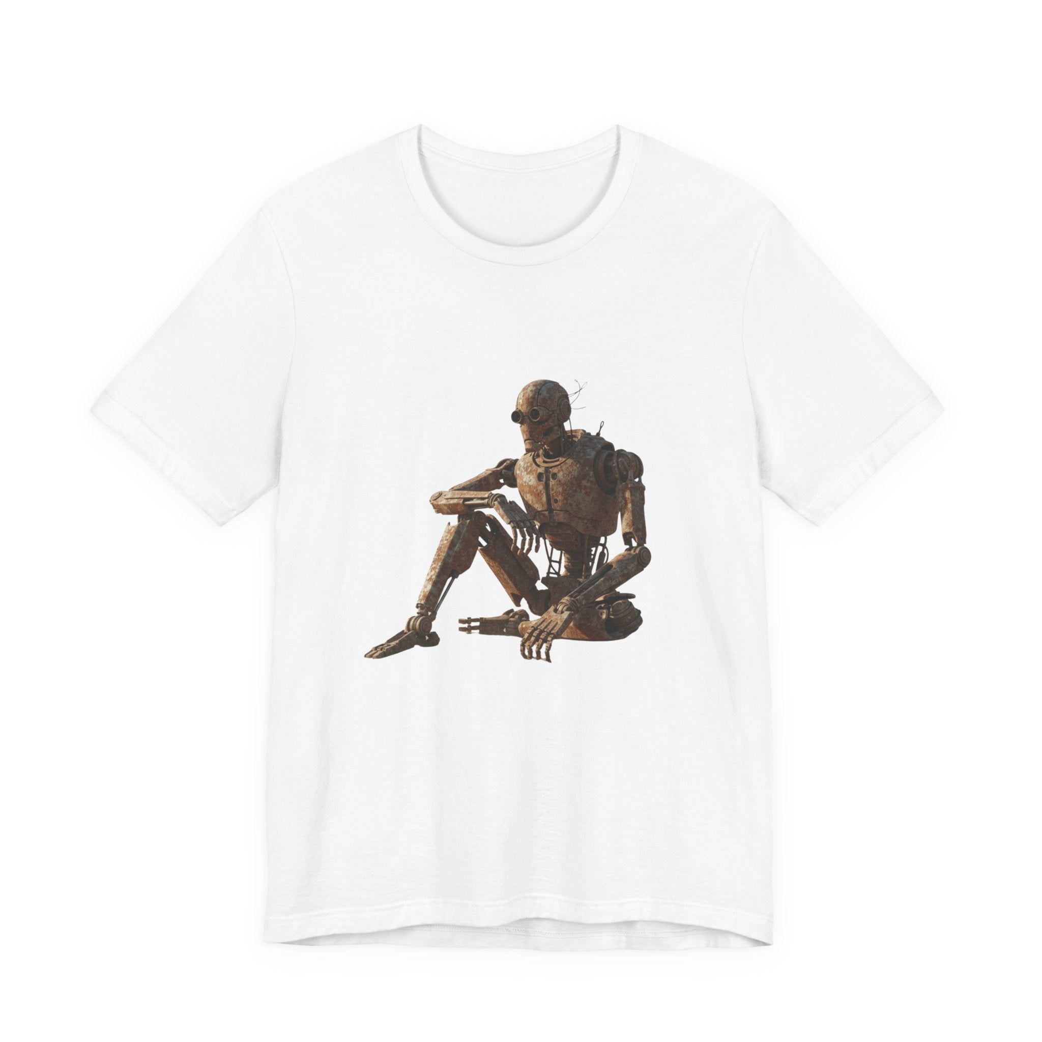 Rustic Robot Art Tee — Sitting Cyborg Graphic T-Shirt