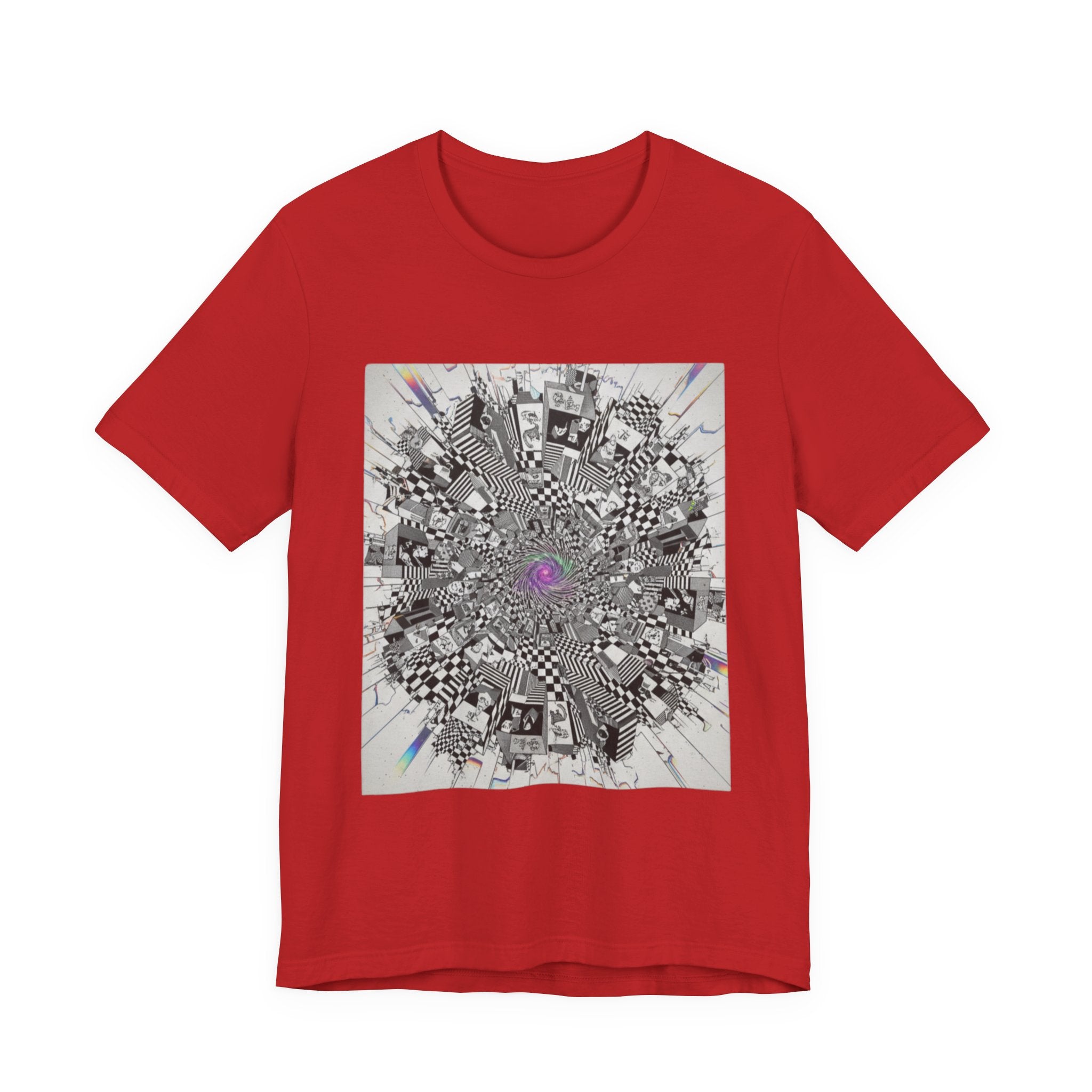 Psychedelic Cityscape Tee — Abstract Optical Art T‑Shirt with Purple Eye