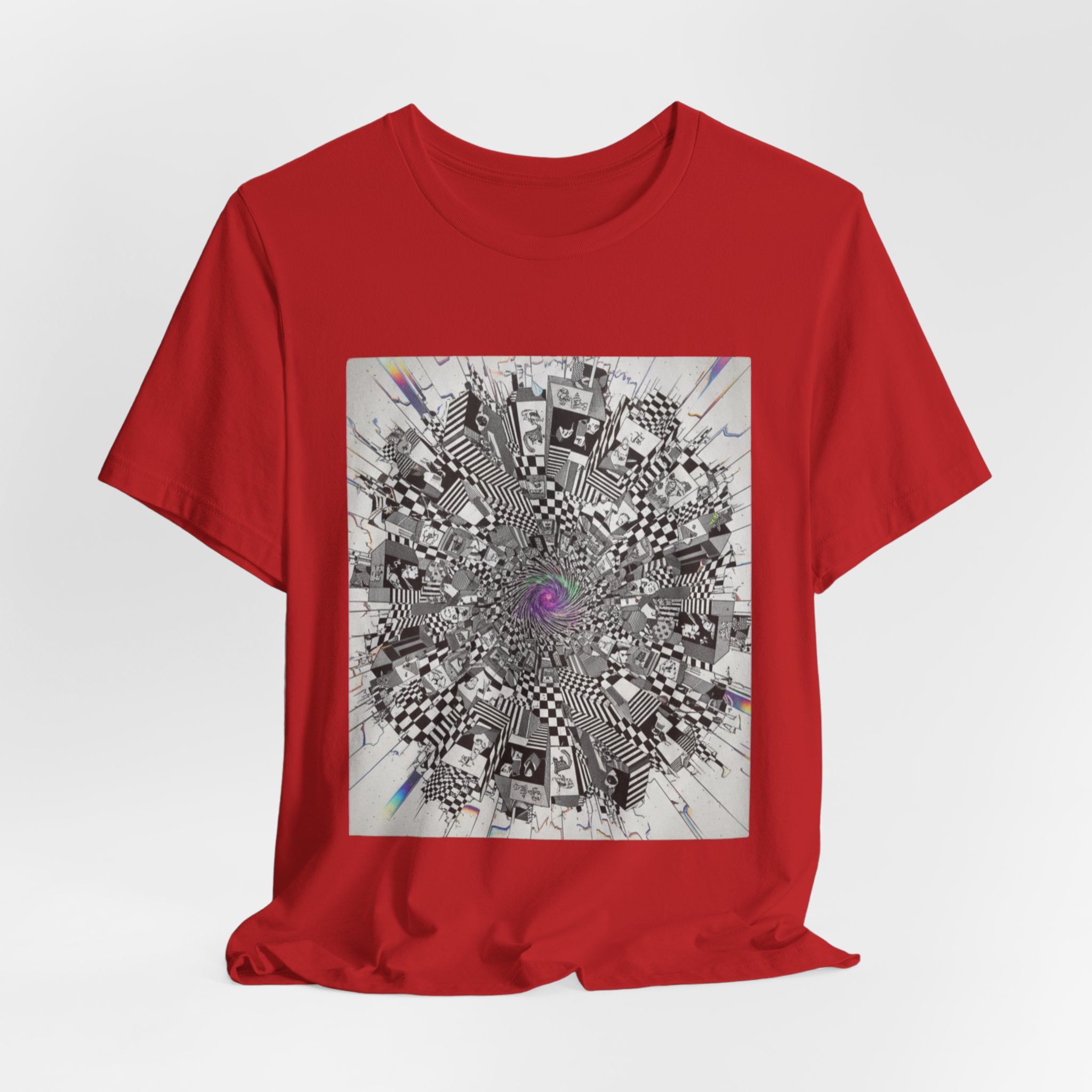 Psychedelic Cityscape Tee — Abstract Optical Art T‑Shirt with Purple Eye