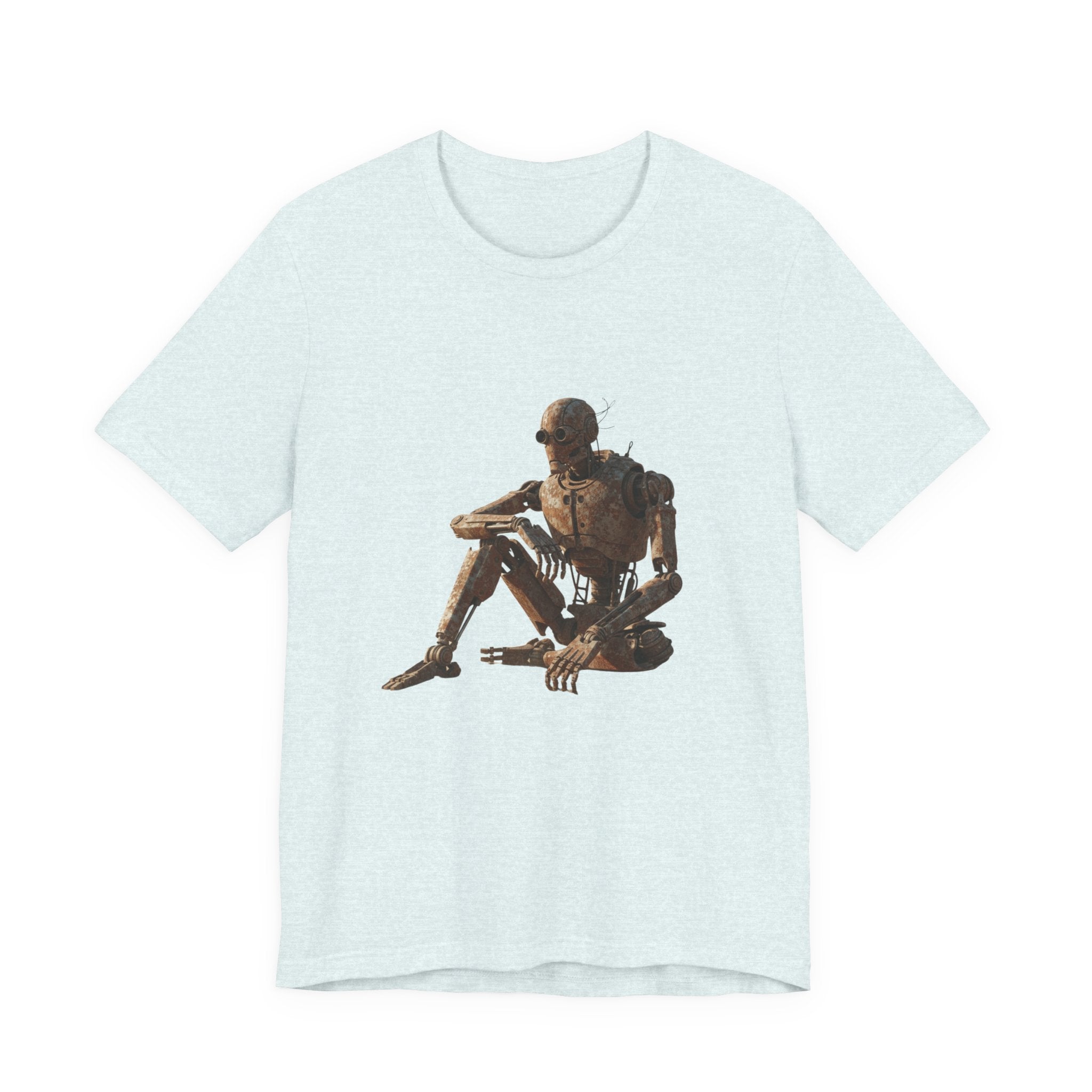 Rustic Robot Art Tee — Sitting Cyborg Graphic T-Shirt
