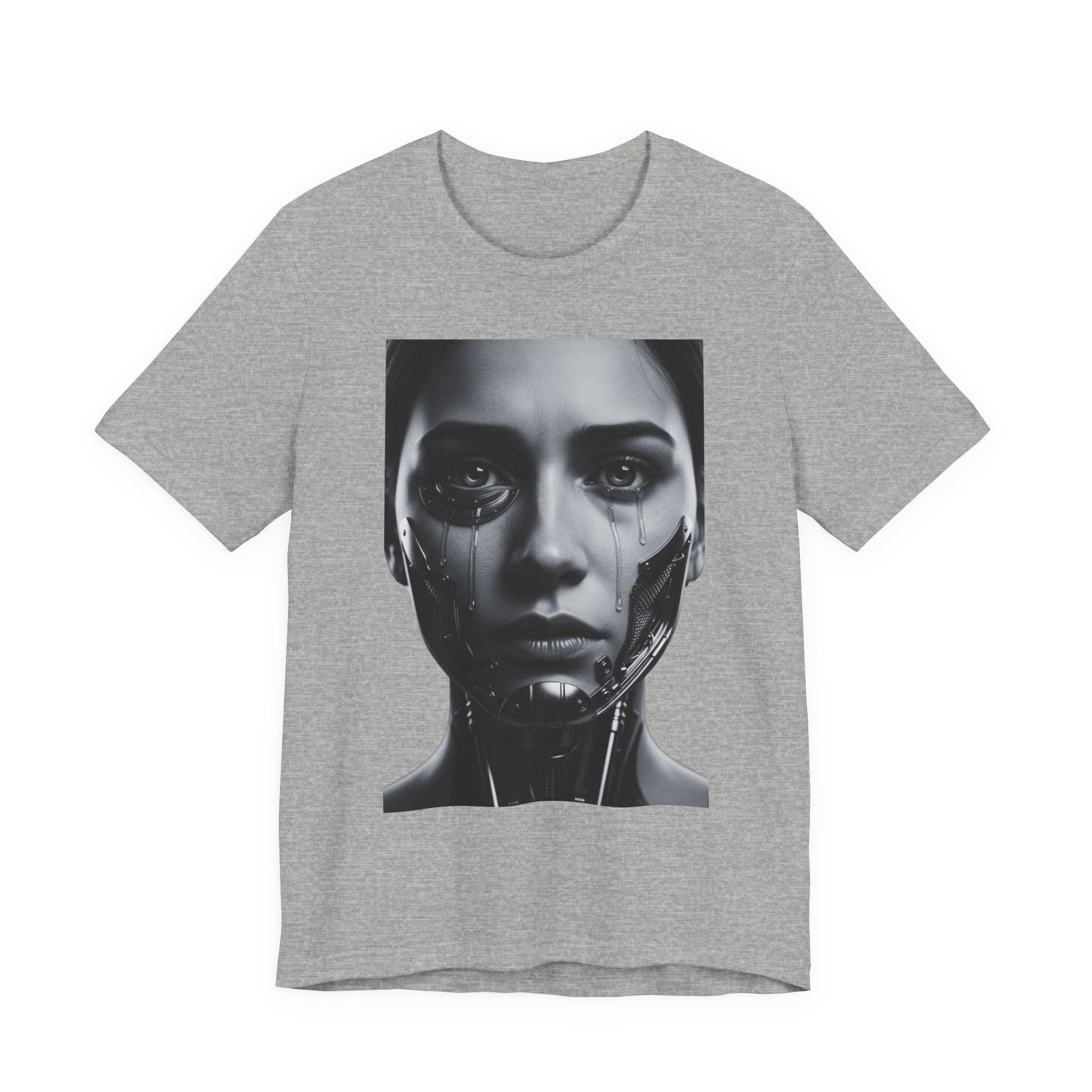 Cybernetic Woman Portrait Tee — Futuristic Black & White Sci‑Fi Face Graphic T-Shirt