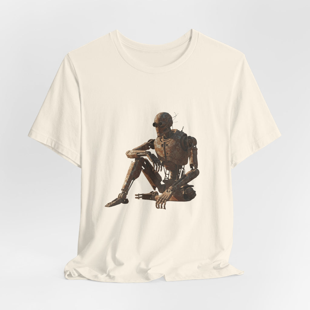 Rustic Robot Art Tee — Sitting Cyborg Graphic T-Shirt