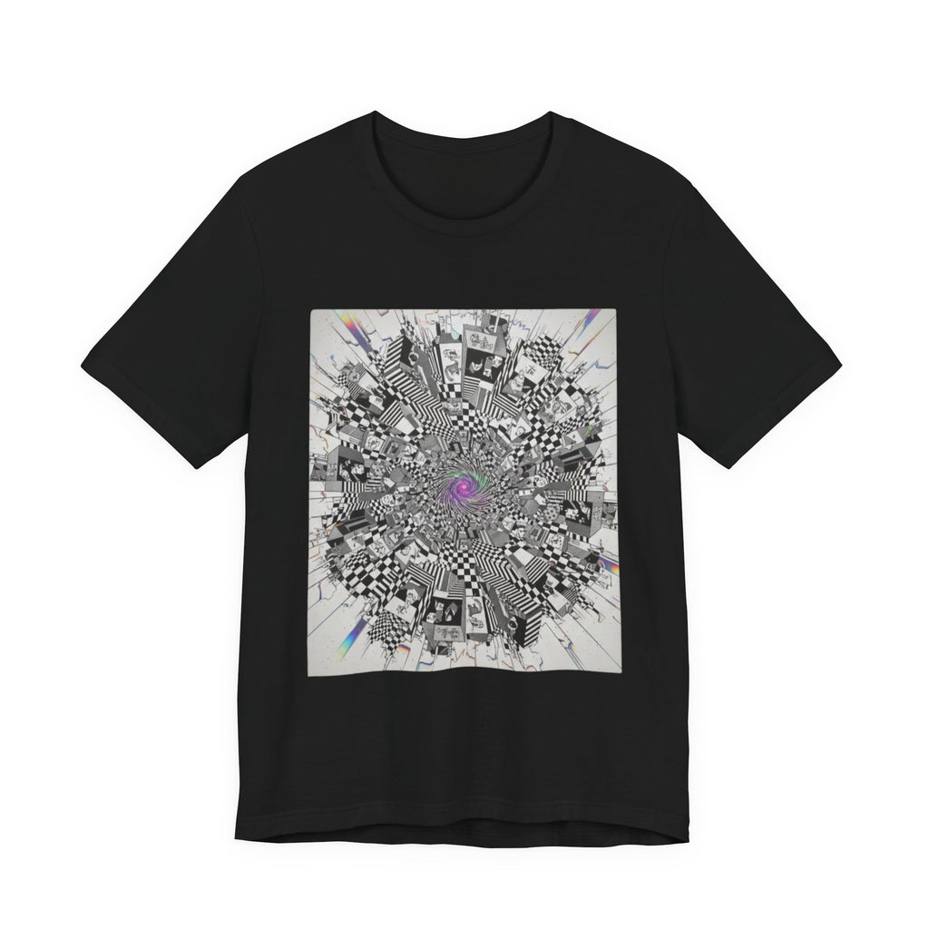 Psychedelic Cityscape Tee — Abstract Optical Art T‑Shirt with Purple Eye