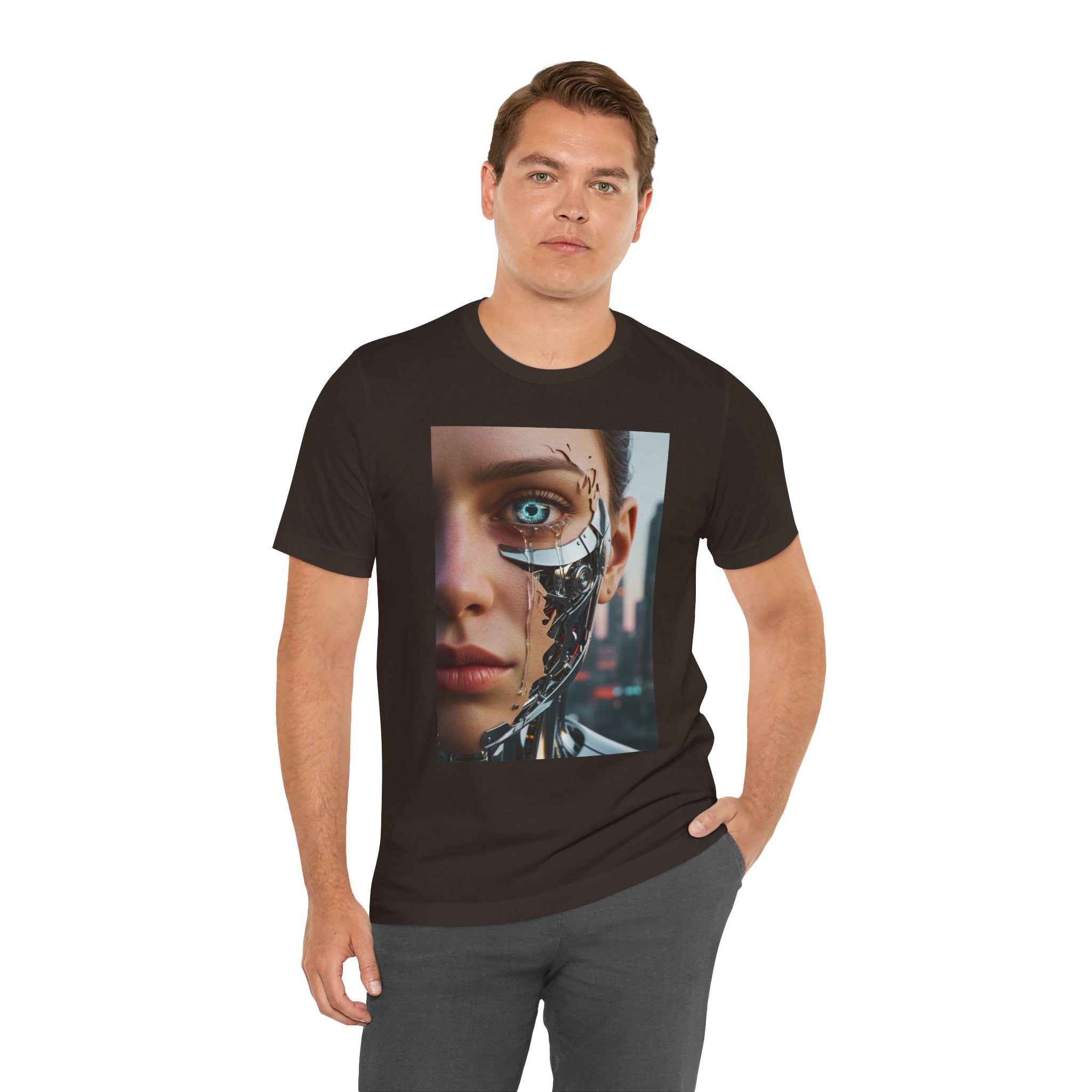 Cyborg Portrait T‑Shirt — Futuristic Android Face Graphic Tee