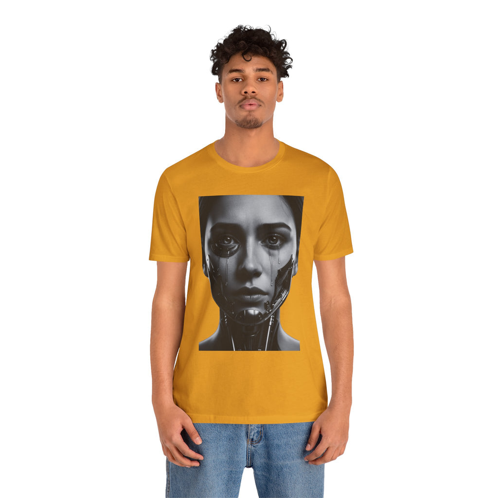 Cybernetic Woman Portrait Tee — Futuristic Black & White Sci‑Fi Face Graphic T-Shirt