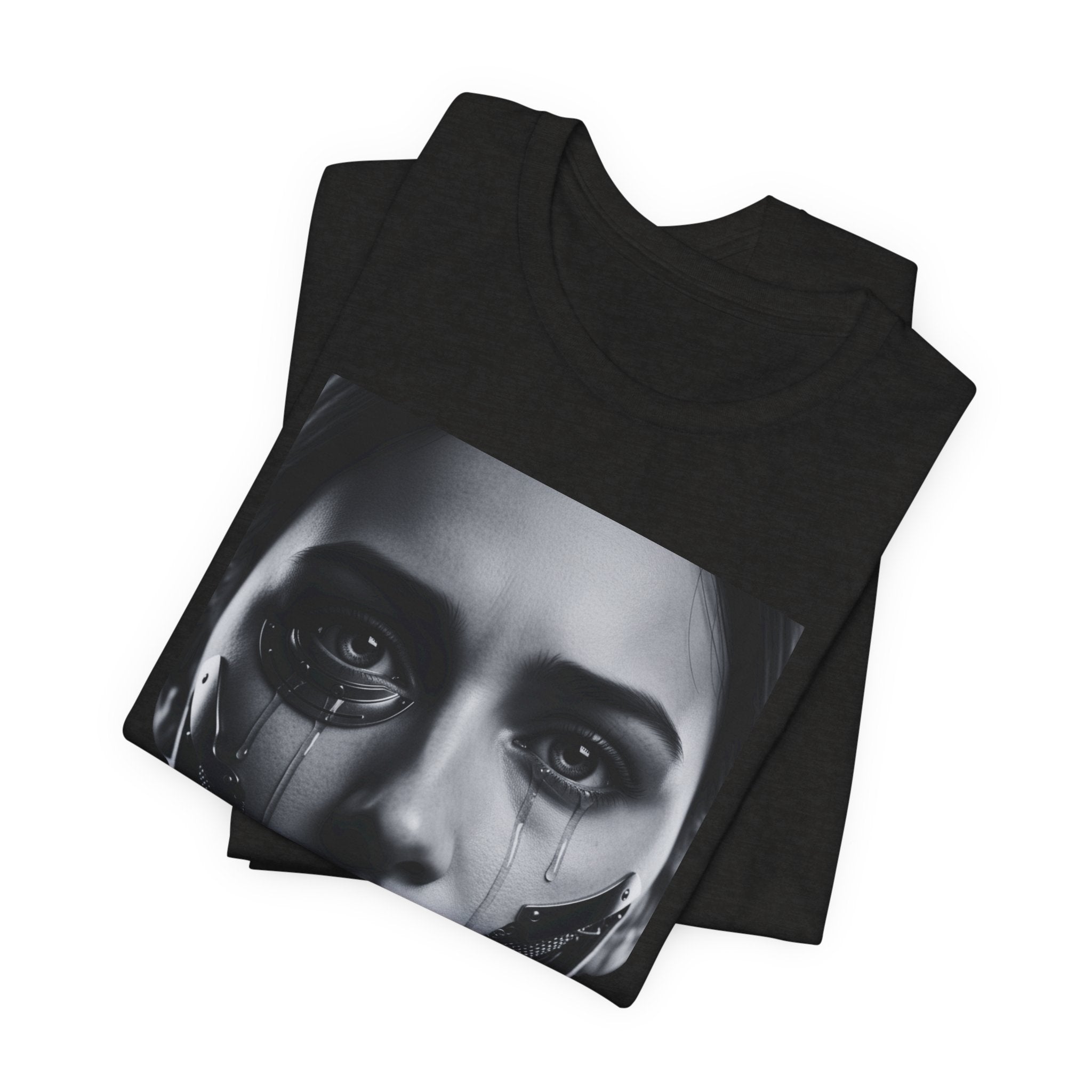 Cybernetic Woman Portrait Tee — Futuristic Black & White Sci‑Fi Face Graphic T-Shirt