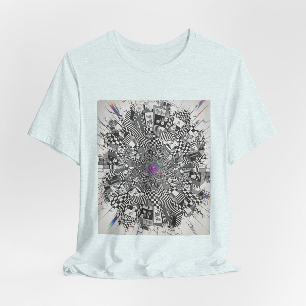 Psychedelic Cityscape Tee — Abstract Optical Art T‑Shirt with Purple Eye