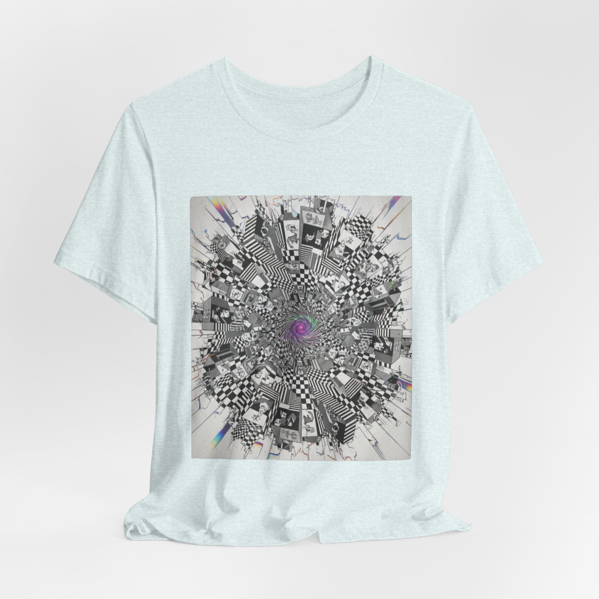 Psychedelic Cityscape Tee — Abstract Optical Art T‑Shirt with Purple Eye