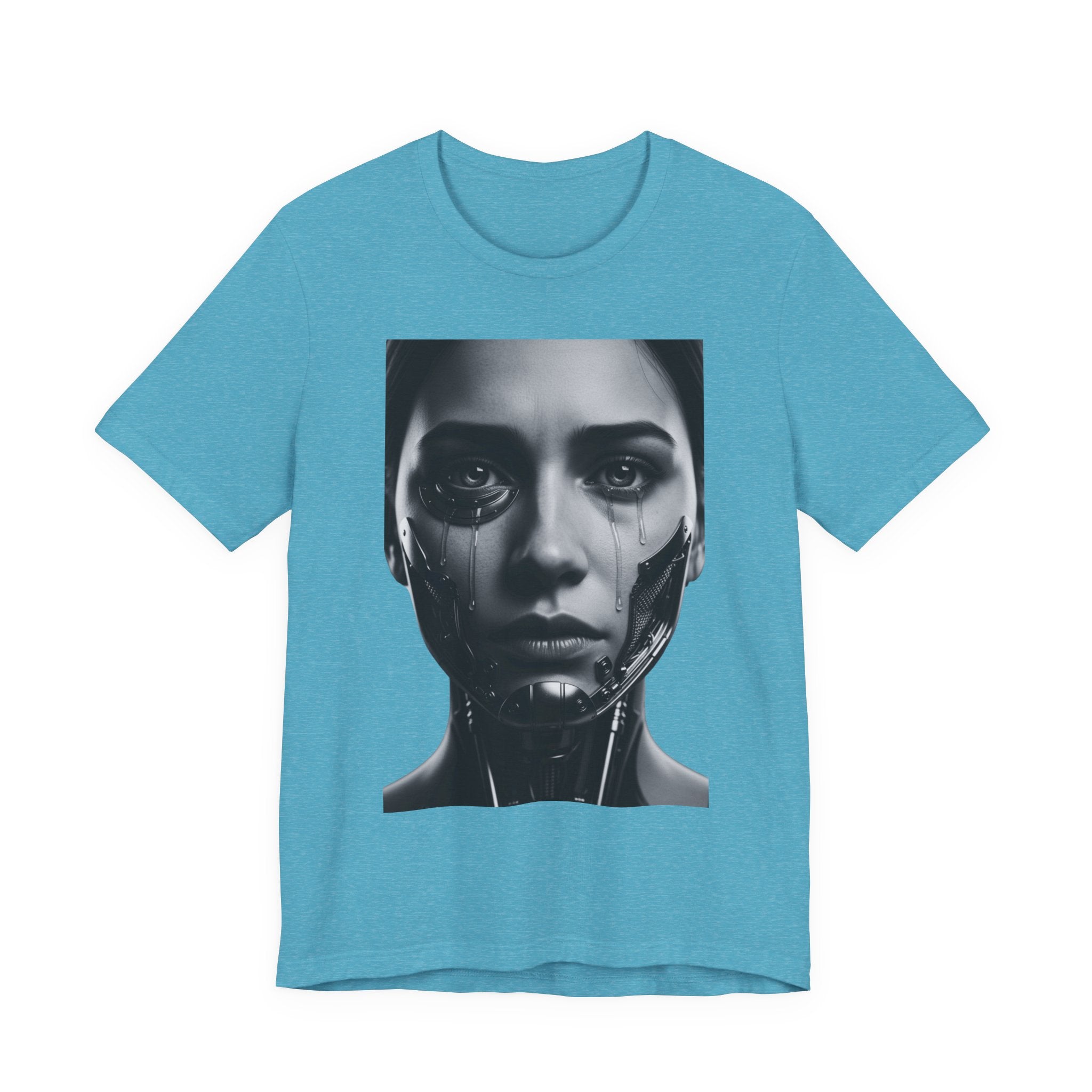 Cybernetic Woman Portrait Tee — Futuristic Black & White Sci‑Fi Face Graphic T-Shirt