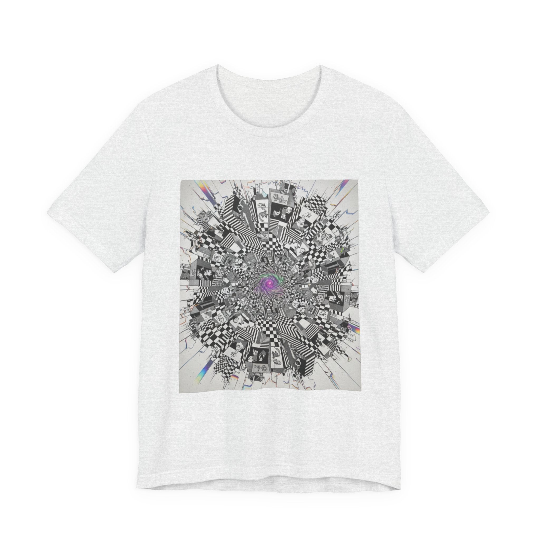 Psychedelic Cityscape Tee — Abstract Optical Art T‑Shirt with Purple Eye