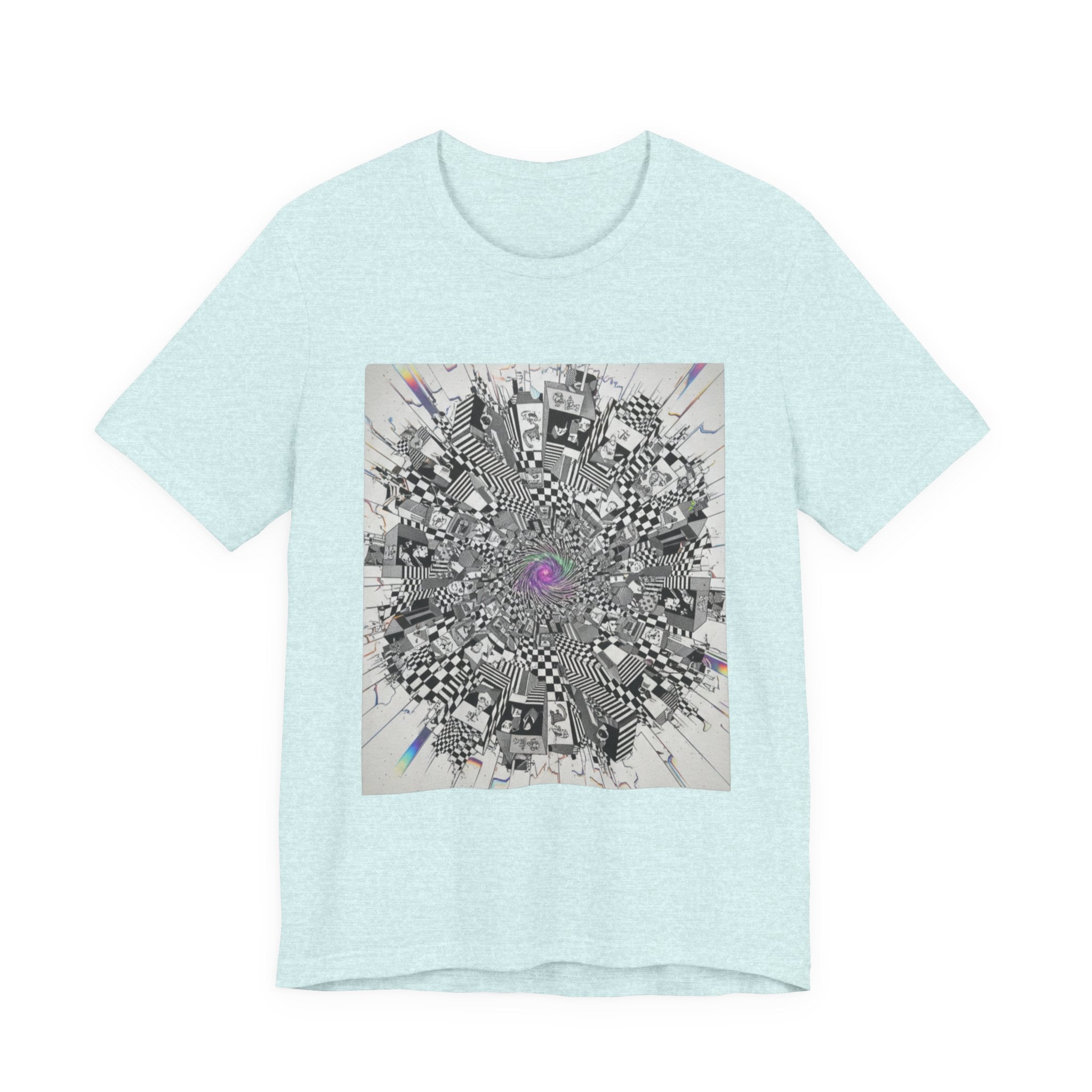 Psychedelic Cityscape Tee — Abstract Optical Art T‑Shirt with Purple Eye