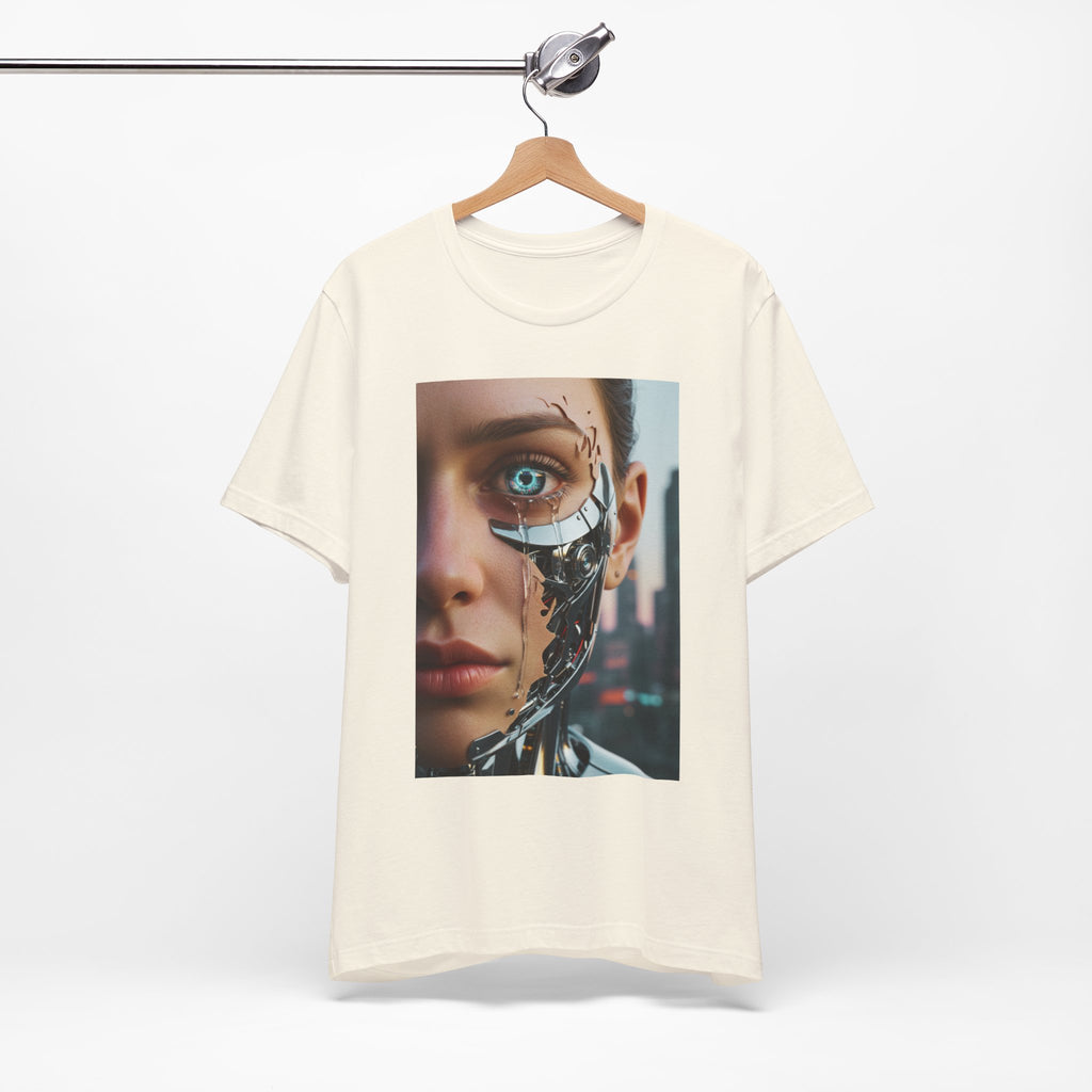 Cyborg Portrait T‑Shirt — Futuristic Android Face Graphic Tee