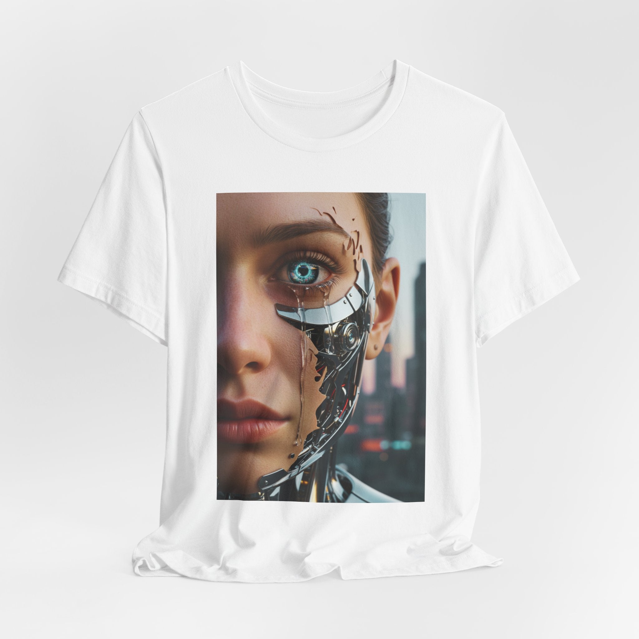 Cyborg Portrait T‑Shirt — Futuristic Android Face Graphic Tee