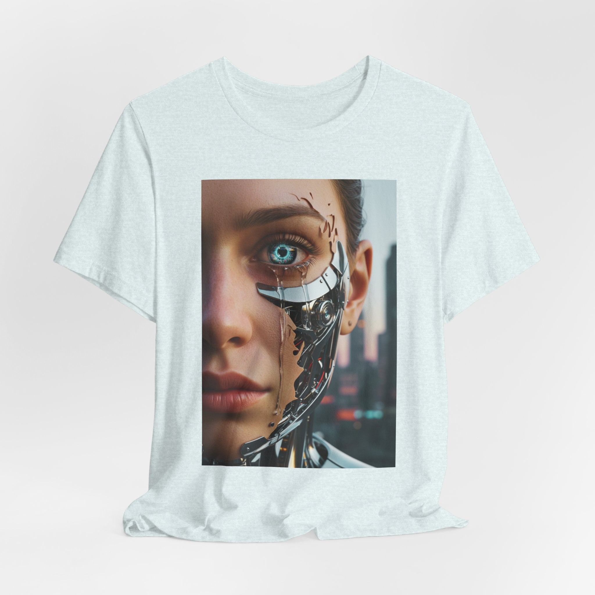 Cyborg Portrait T‑Shirt — Futuristic Android Face Graphic Tee