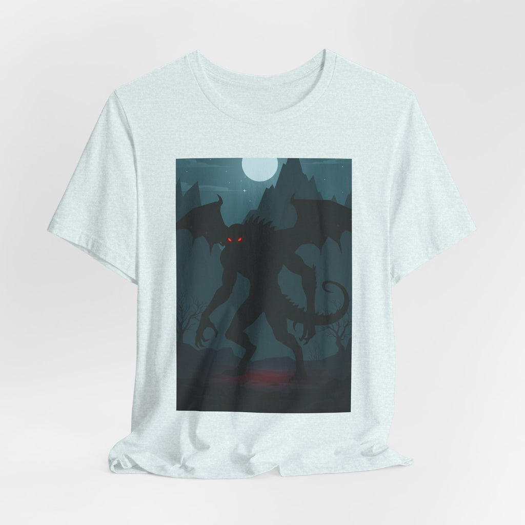 Cthulhu Nightscape T-Shirt — Lovecraftian Monster Tee with Glowing Red Eyes