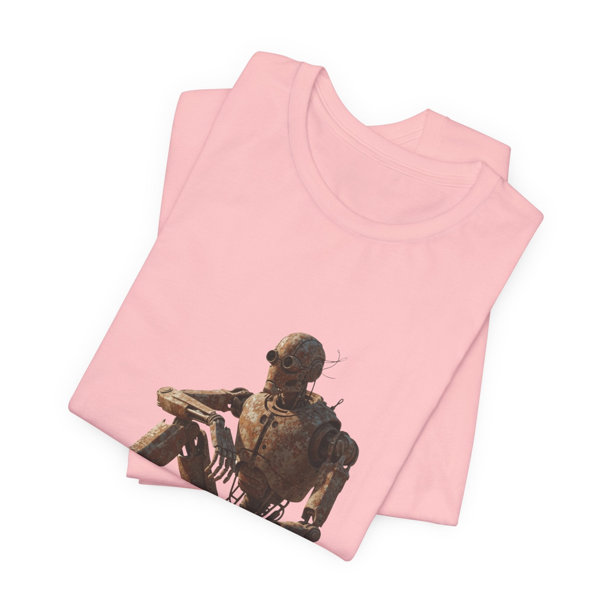 Rustic Robot Art Tee — Sitting Cyborg Graphic T-Shirt