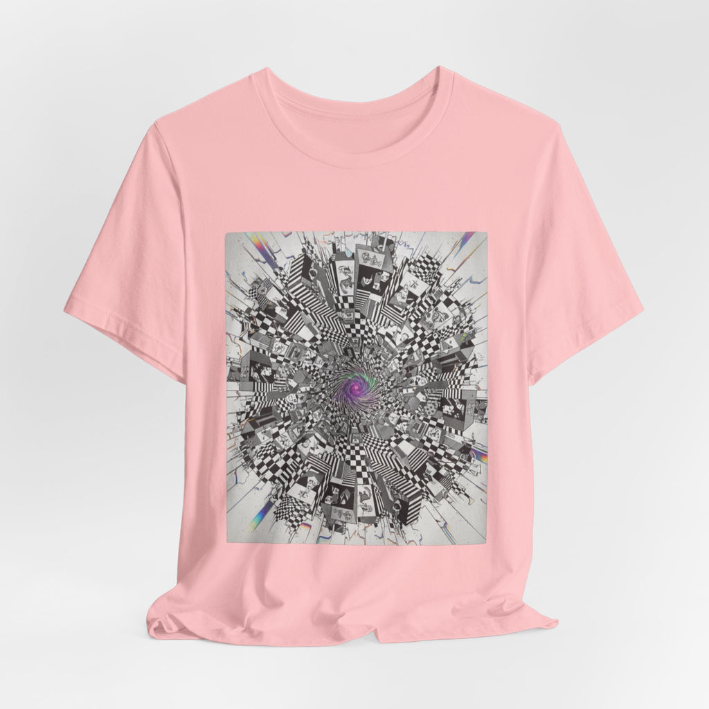 Psychedelic Cityscape Tee — Abstract Optical Art T‑Shirt with Purple Eye