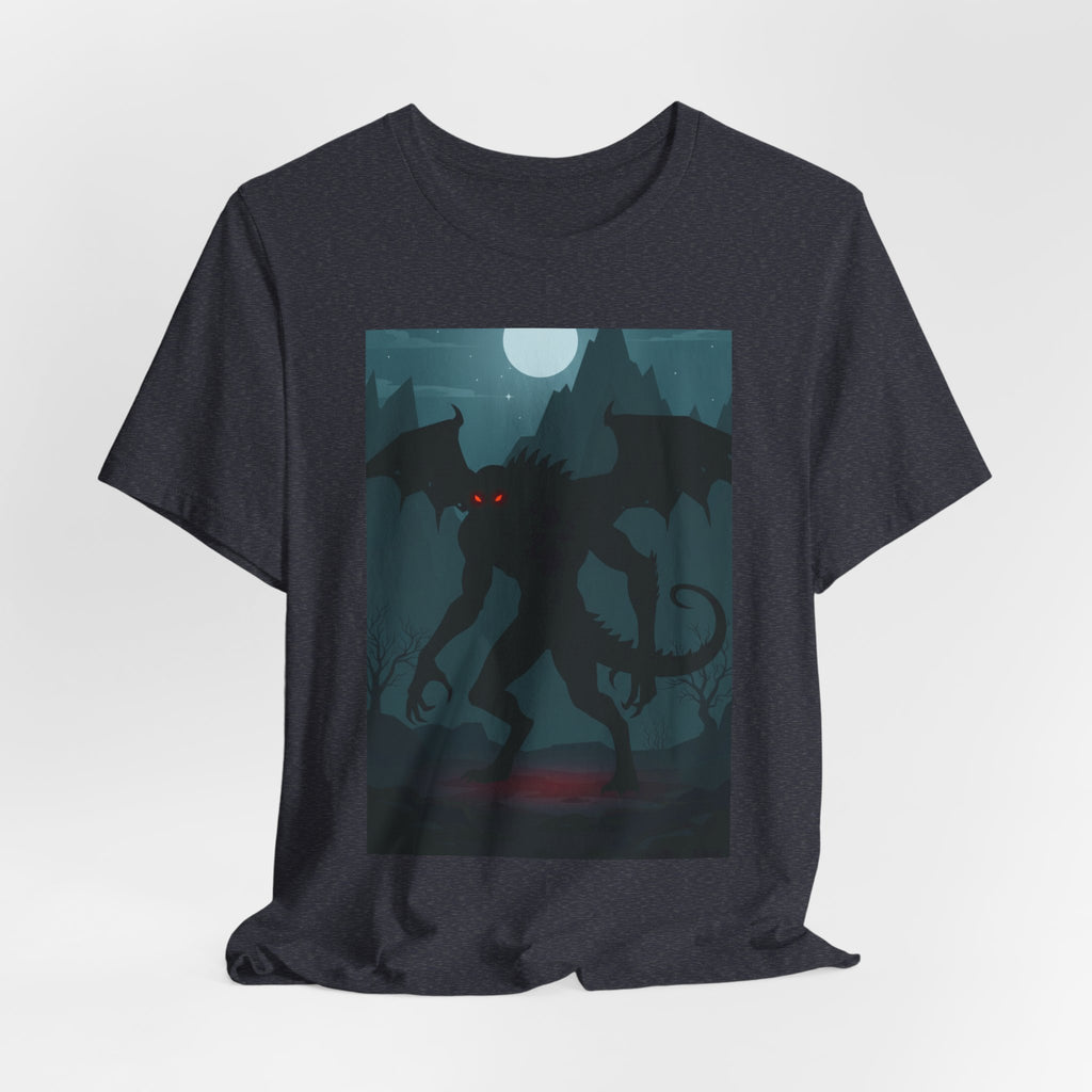 Cthulhu Nightscape T-Shirt — Lovecraftian Monster Tee with Glowing Red Eyes