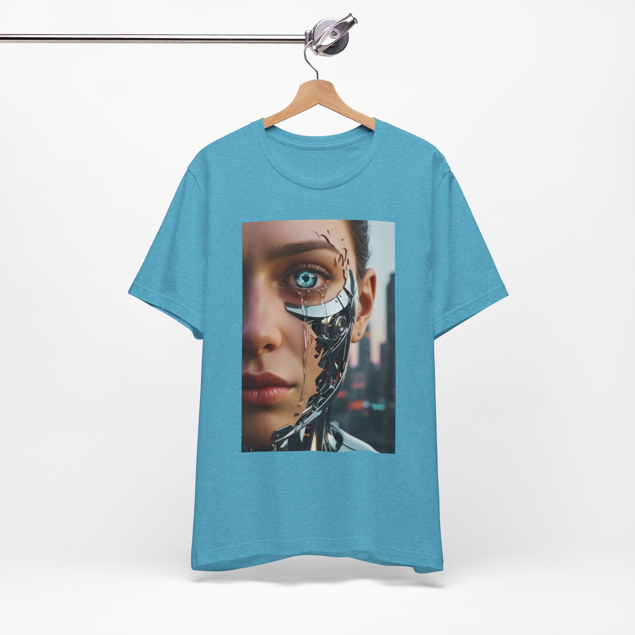 Cyborg Portrait T‑Shirt — Futuristic Android Face Graphic Tee