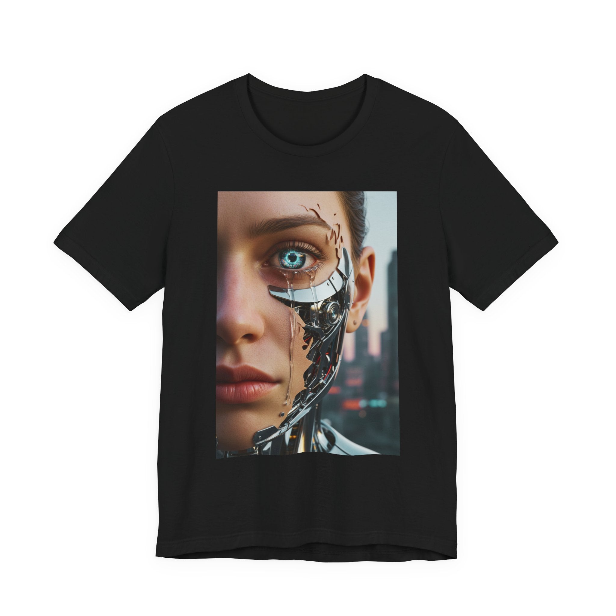 Cyborg Portrait T‑Shirt — Futuristic Android Face Graphic Tee