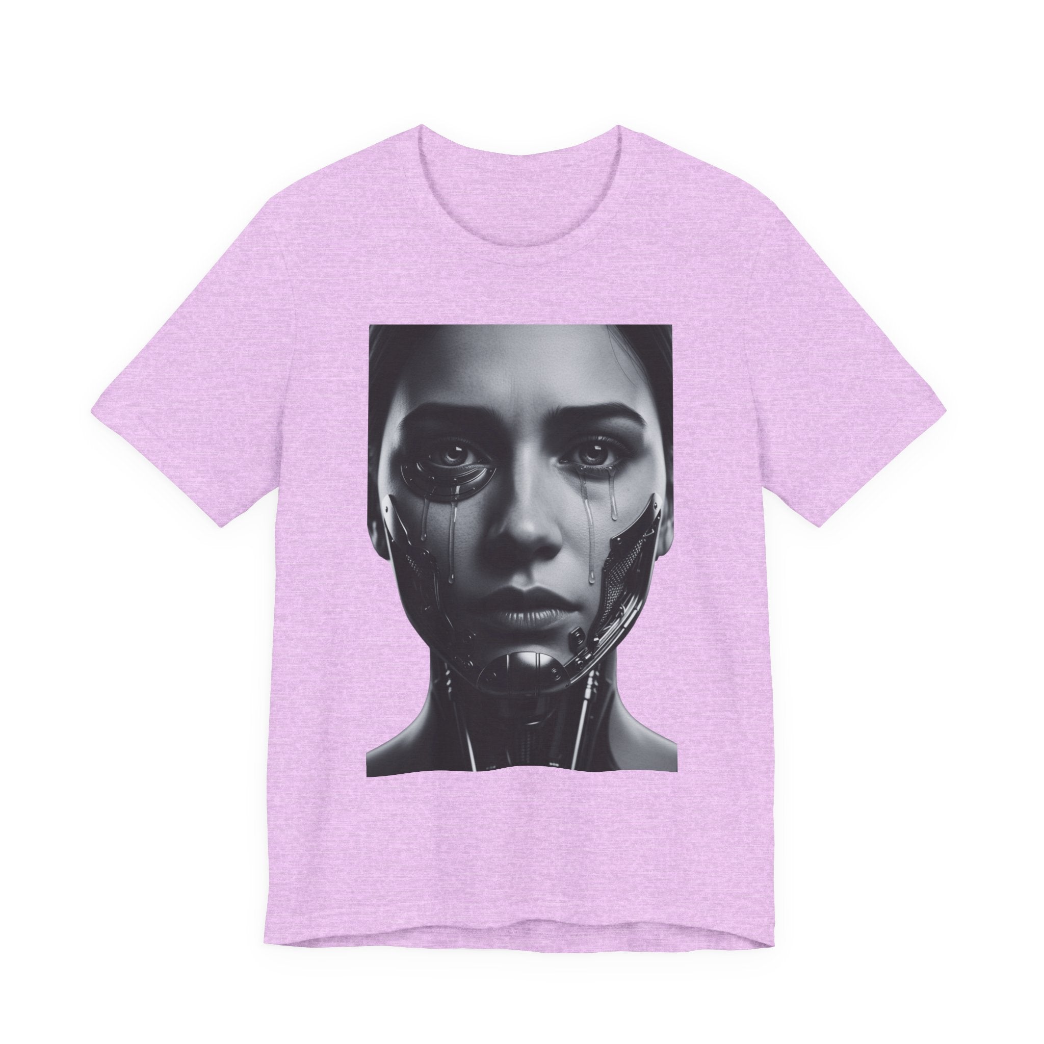 Cybernetic Woman Portrait Tee — Futuristic Black & White Sci‑Fi Face Graphic T-Shirt