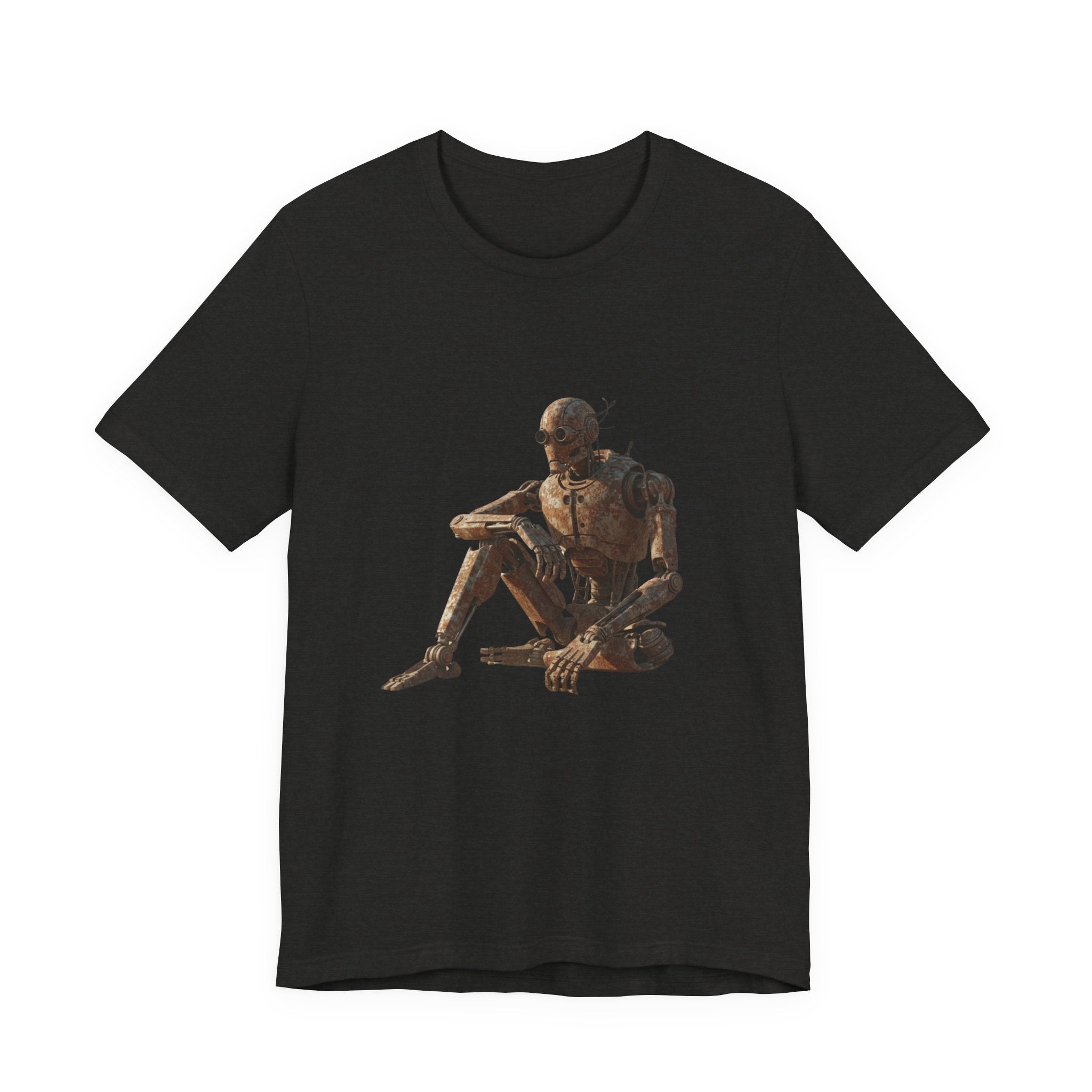 Rustic Robot Art Tee — Sitting Cyborg Graphic T-Shirt