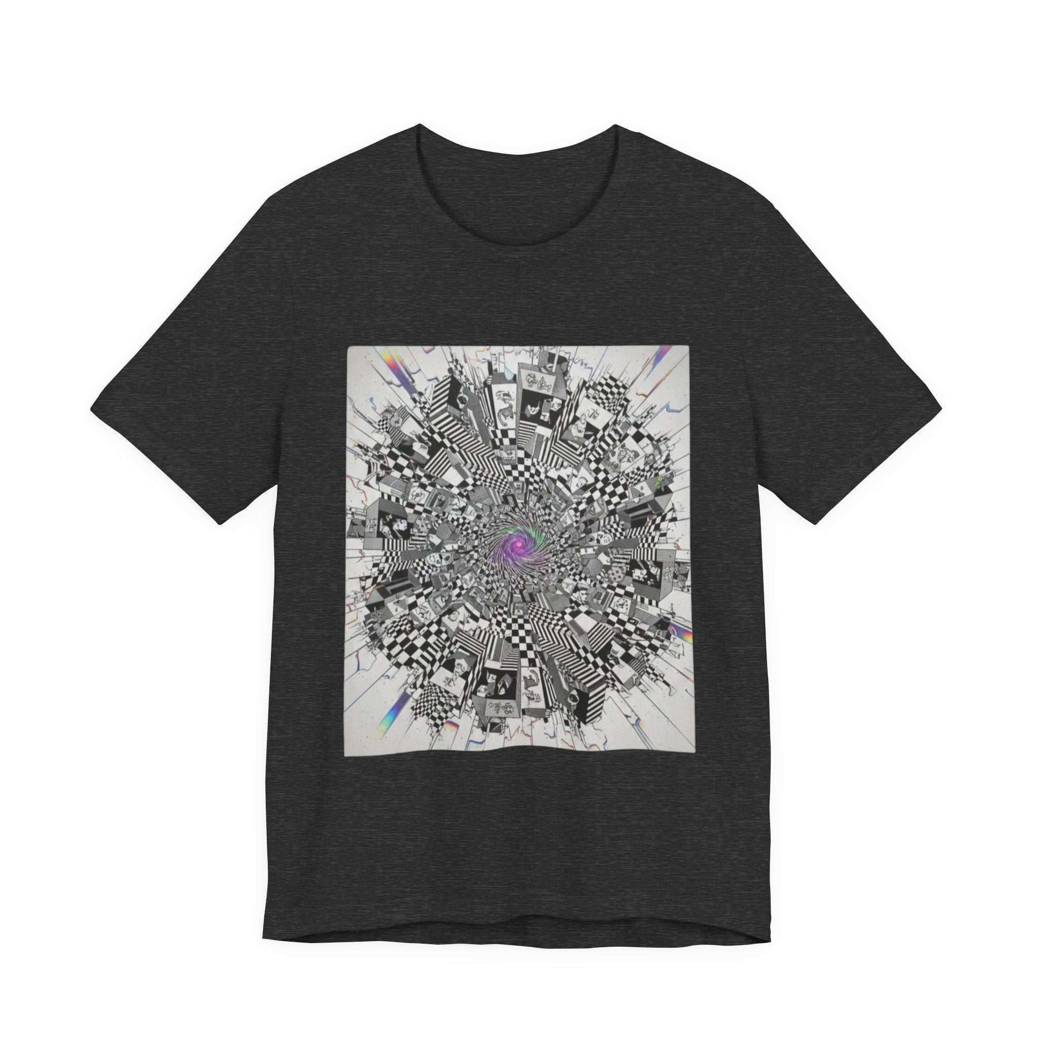 Psychedelic Cityscape Tee — Abstract Optical Art T‑Shirt with Purple Eye