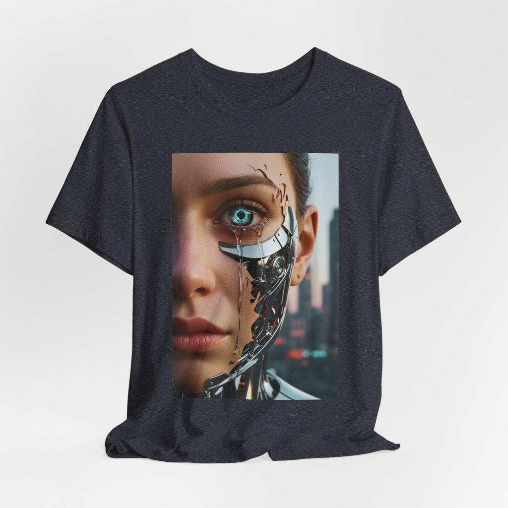 Cyborg Portrait T‑Shirt — Futuristic Android Face Graphic Tee