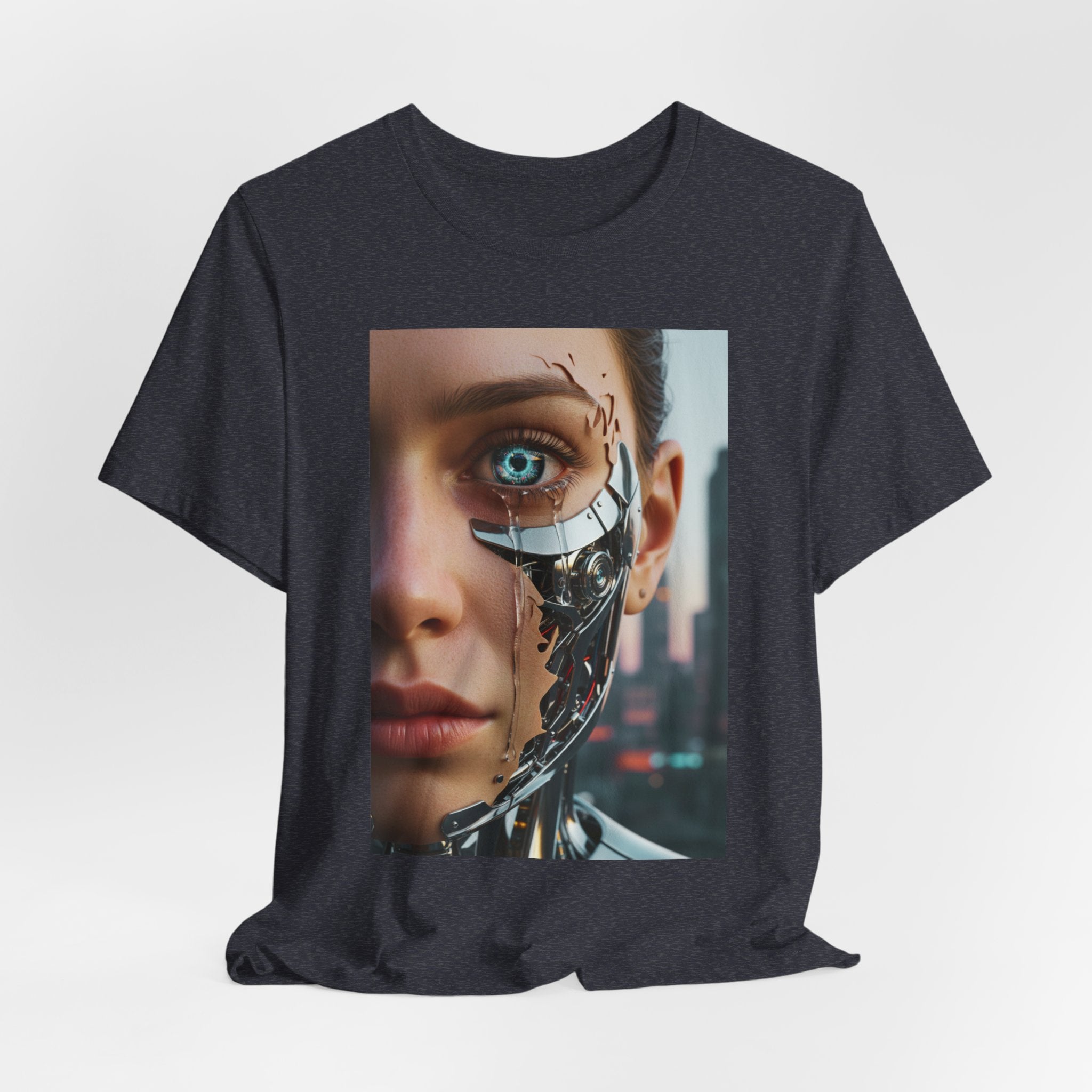 Cyborg Portrait T‑Shirt — Futuristic Android Face Graphic Tee