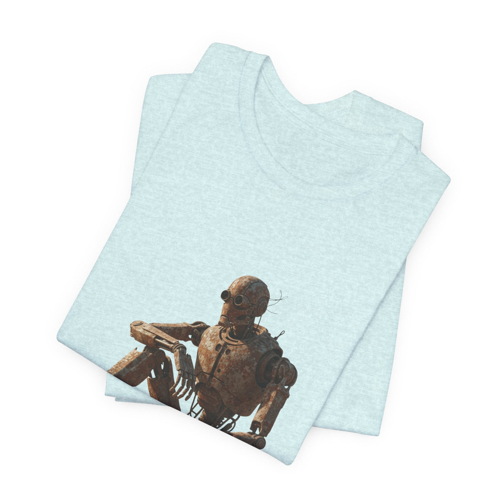Rustic Robot Art Tee — Sitting Cyborg Graphic T-Shirt