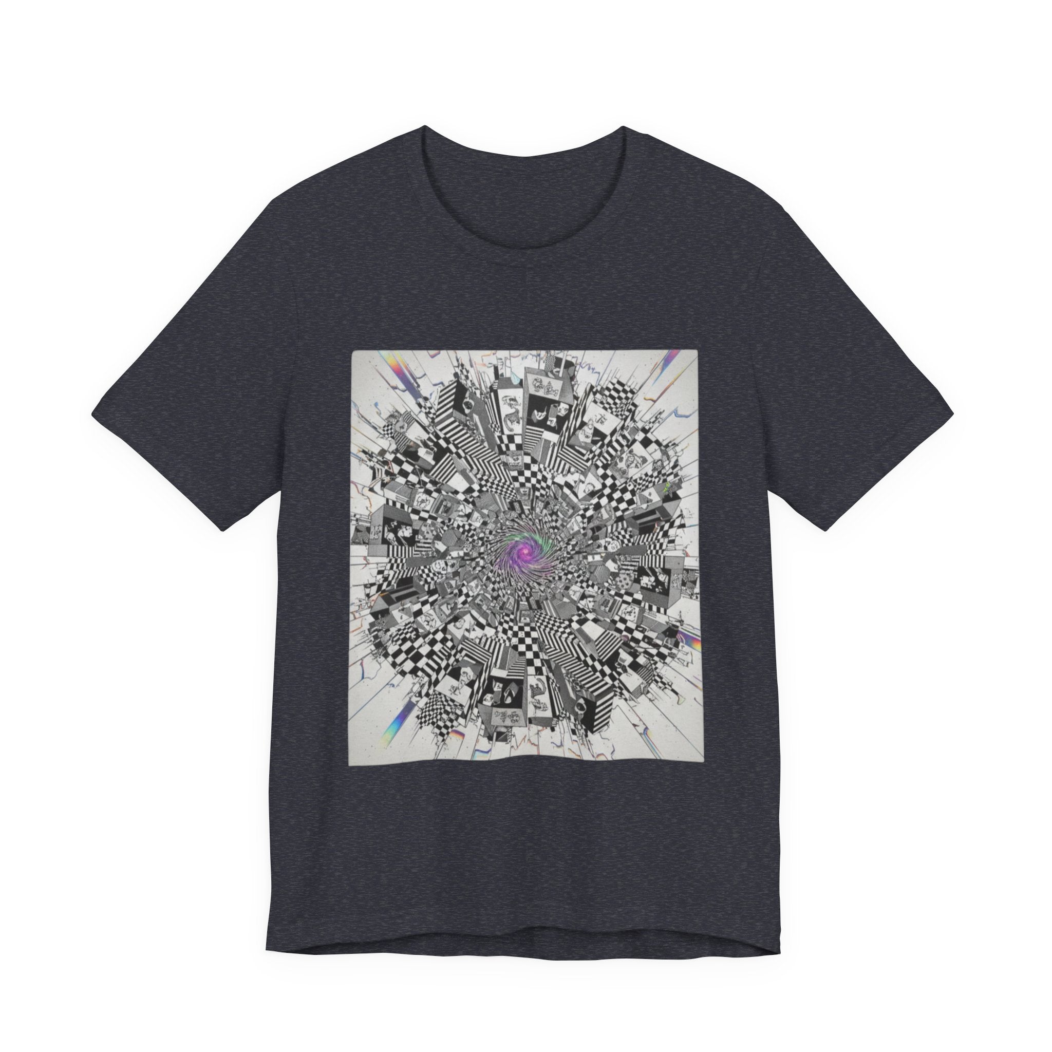 Psychedelic Cityscape Tee — Abstract Optical Art T‑Shirt with Purple Eye