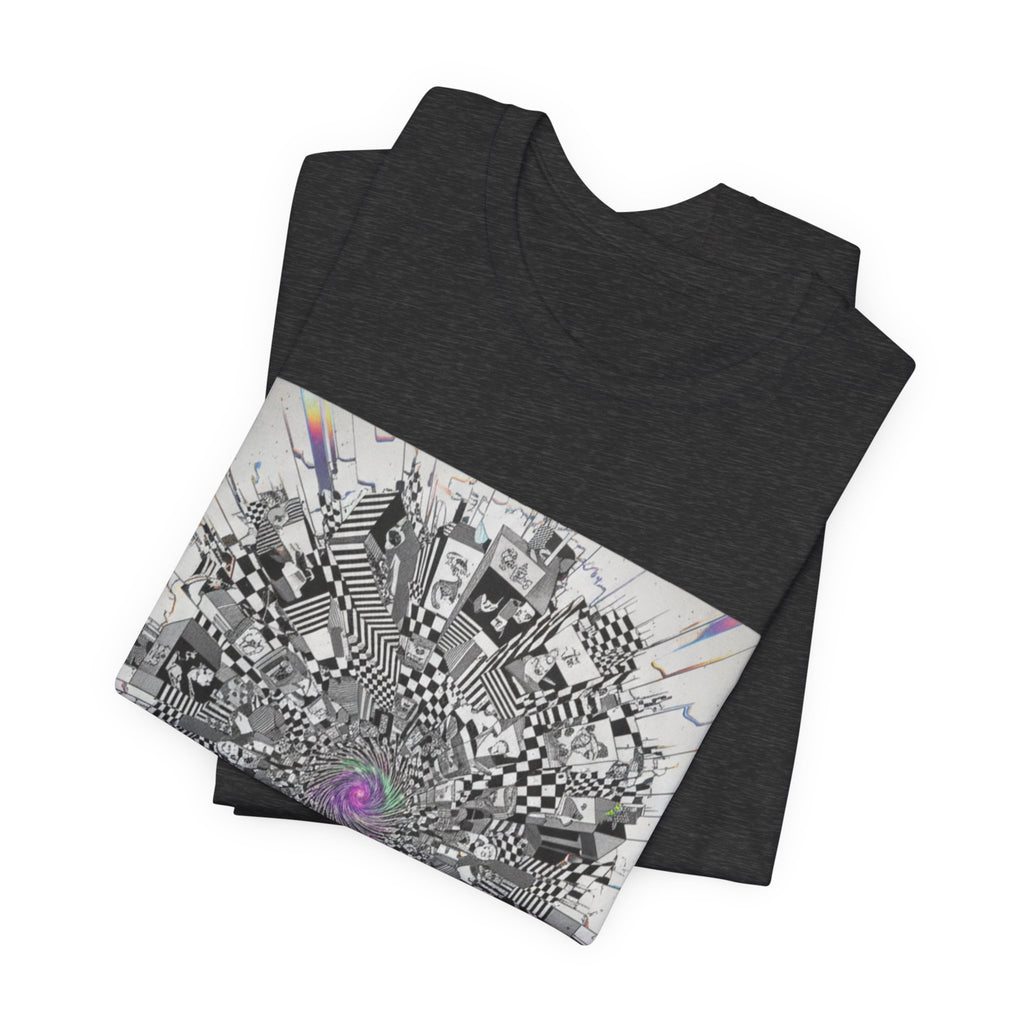 Psychedelic Cityscape Tee — Abstract Optical Art T‑Shirt with Purple Eye