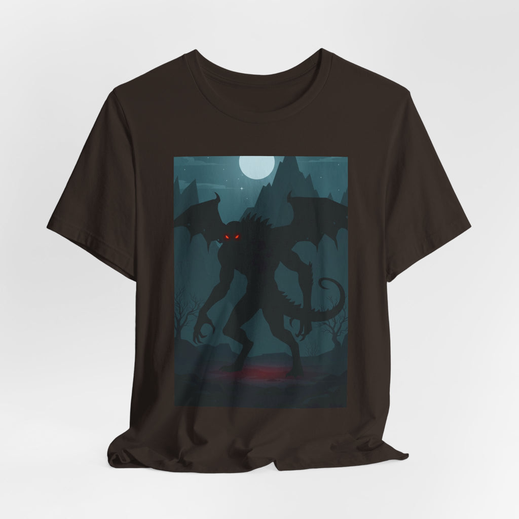 Cthulhu Nightscape T-Shirt — Lovecraftian Monster Tee with Glowing Red Eyes