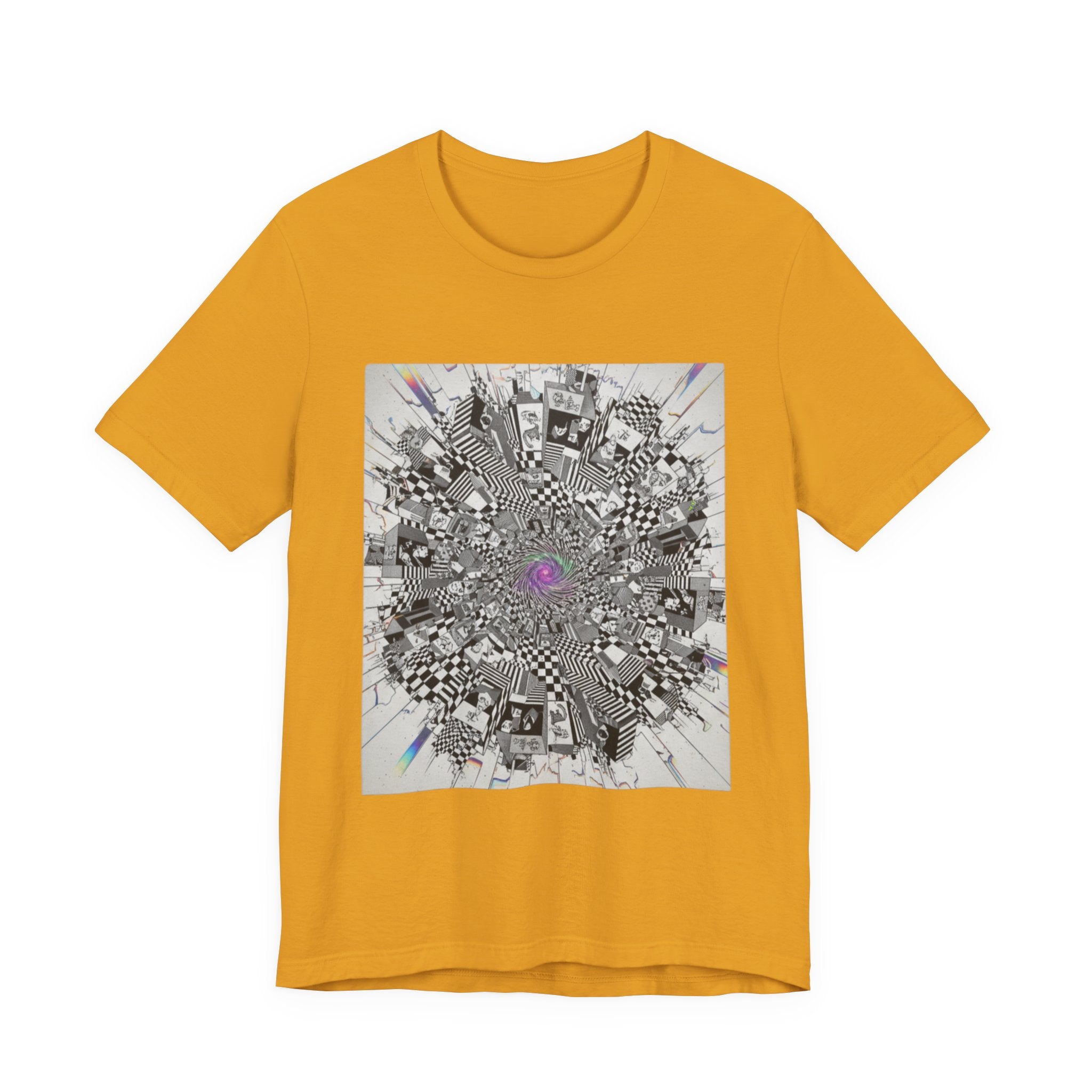 Psychedelic Cityscape Tee — Abstract Optical Art T‑Shirt with Purple Eye