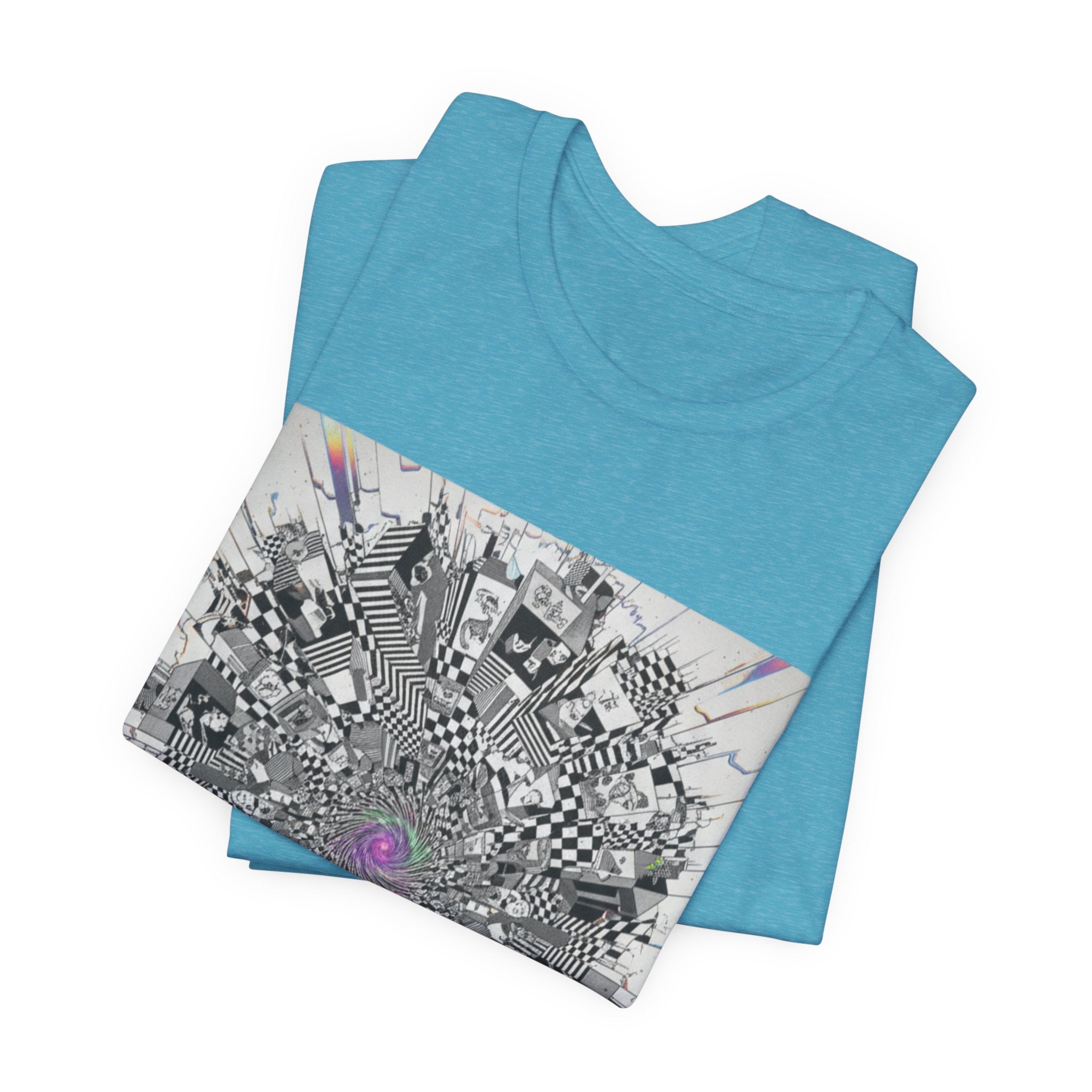Psychedelic Cityscape Tee — Abstract Optical Art T‑Shirt with Purple Eye