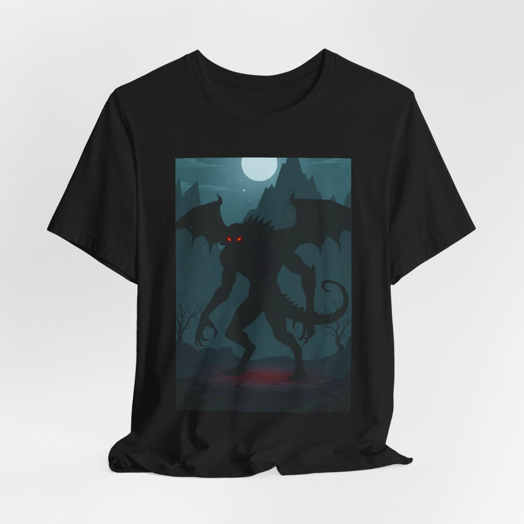 Cthulhu Nightscape T-Shirt — Lovecraftian Monster Tee with Glowing Red Eyes