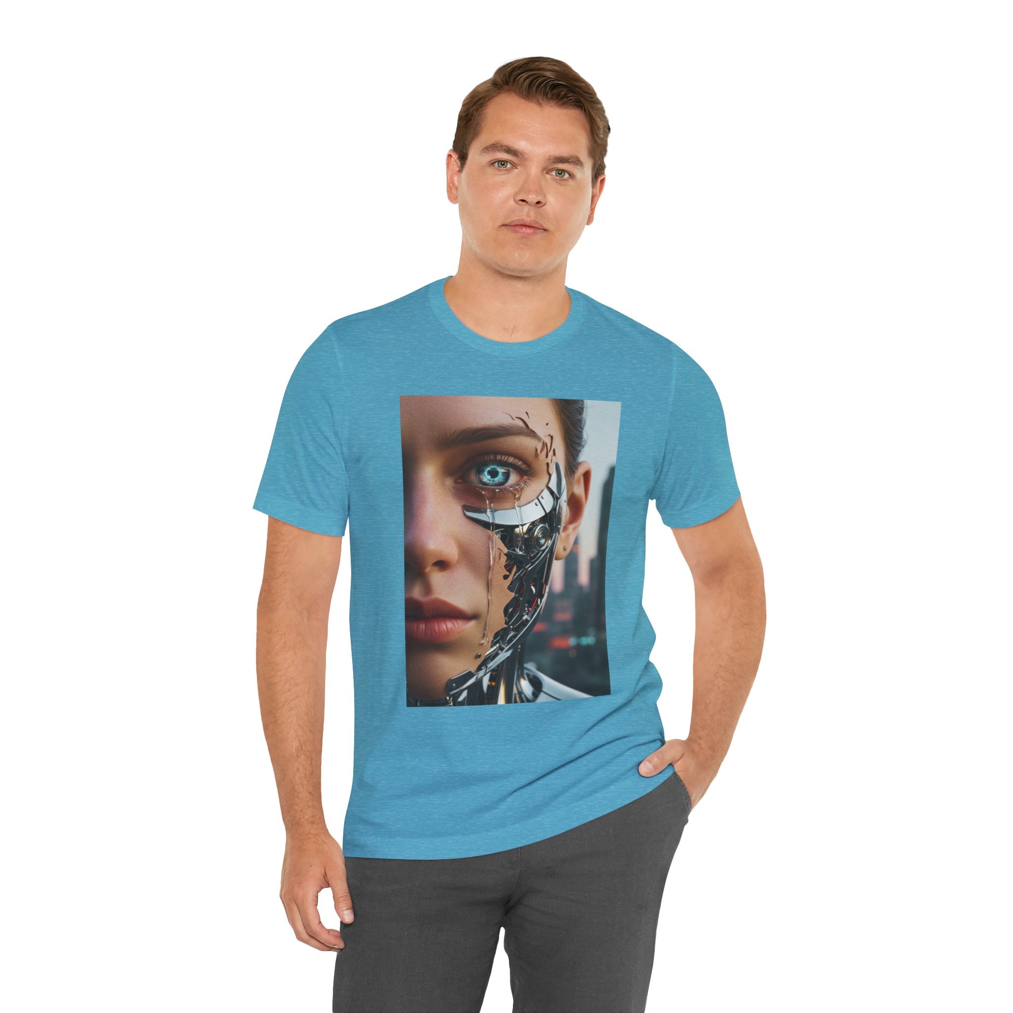 Cyborg Portrait T‑Shirt — Futuristic Android Face Graphic Tee
