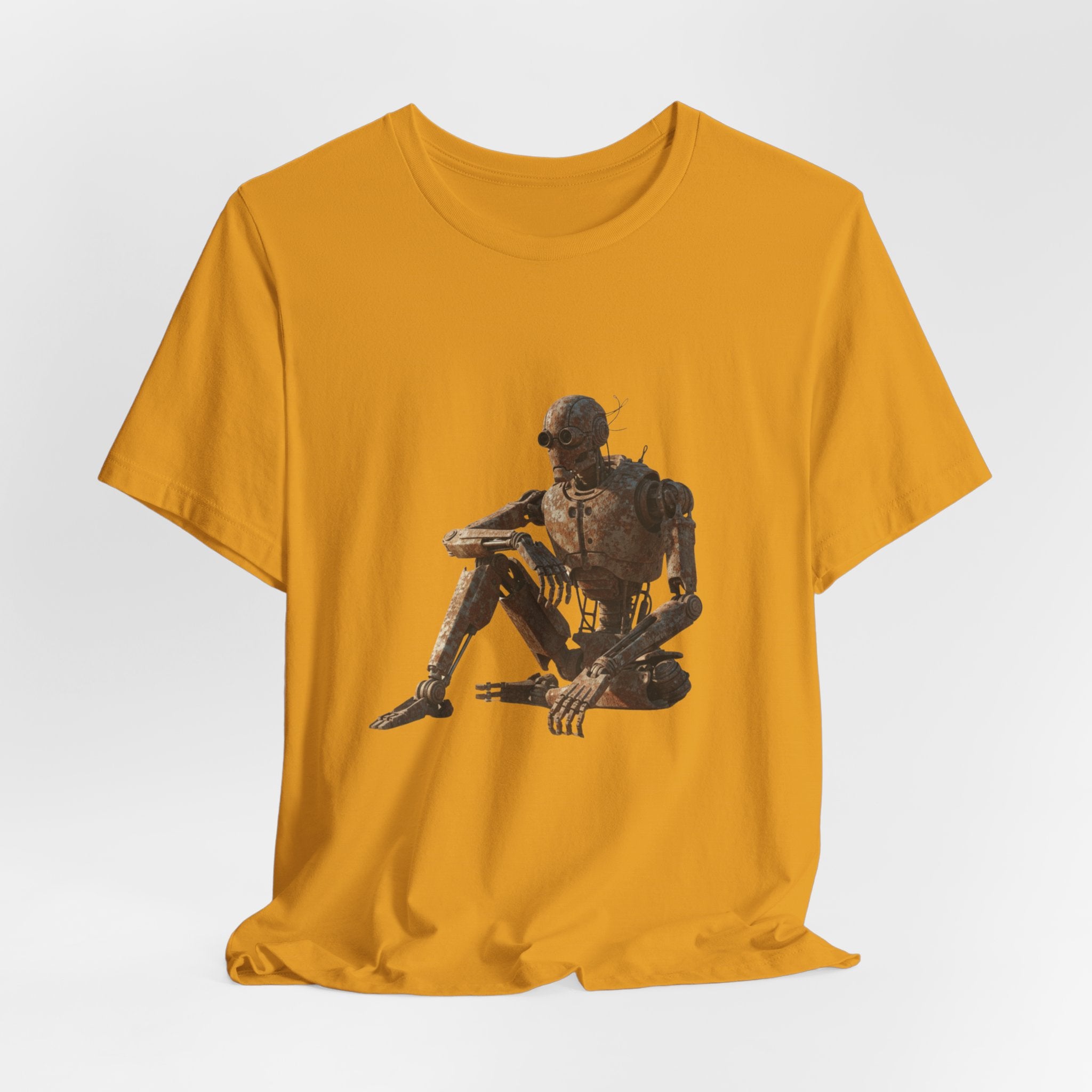 Rustic Robot Art Tee — Sitting Cyborg Graphic T-Shirt