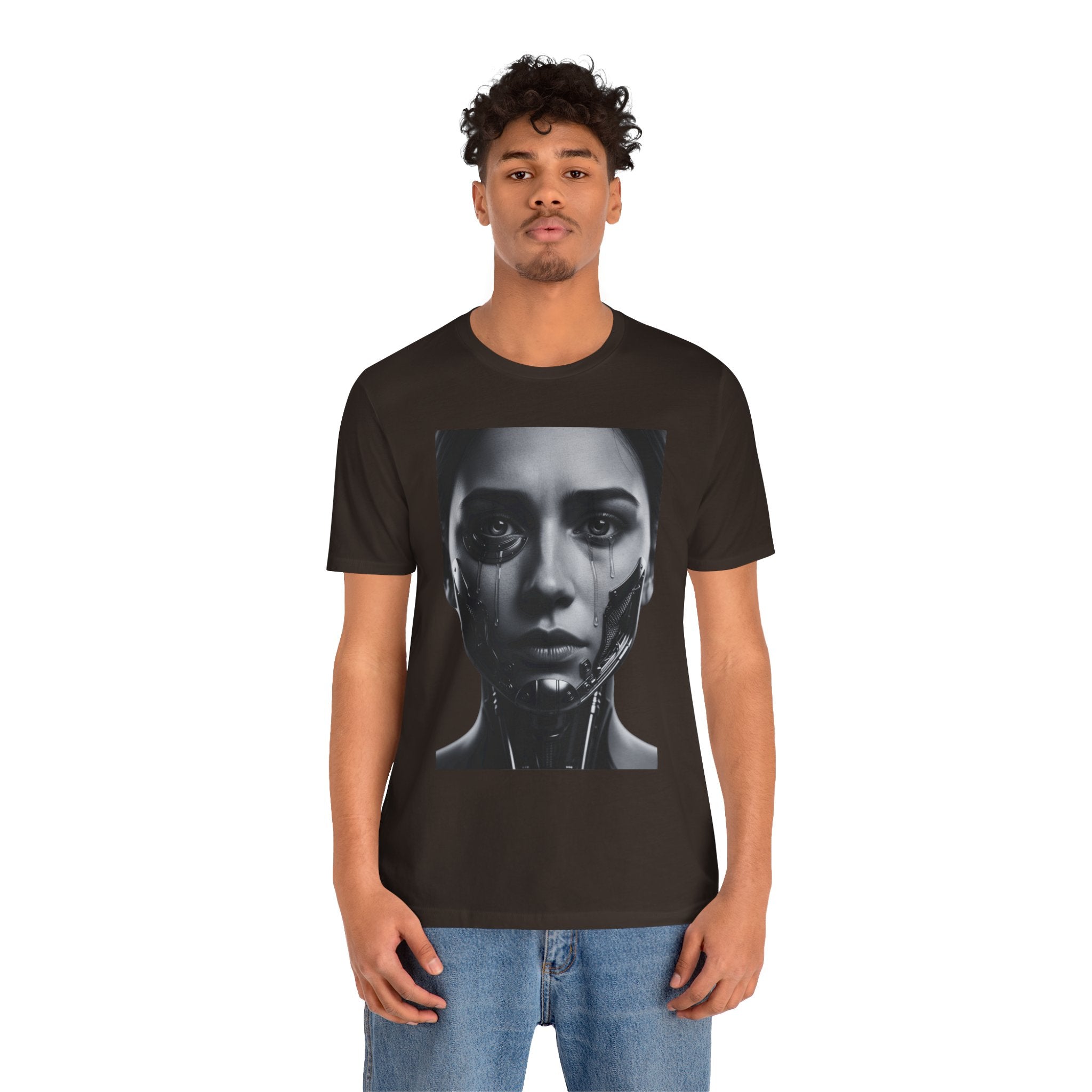 Cybernetic Woman Portrait Tee — Futuristic Black & White Sci‑Fi Face Graphic T-Shirt