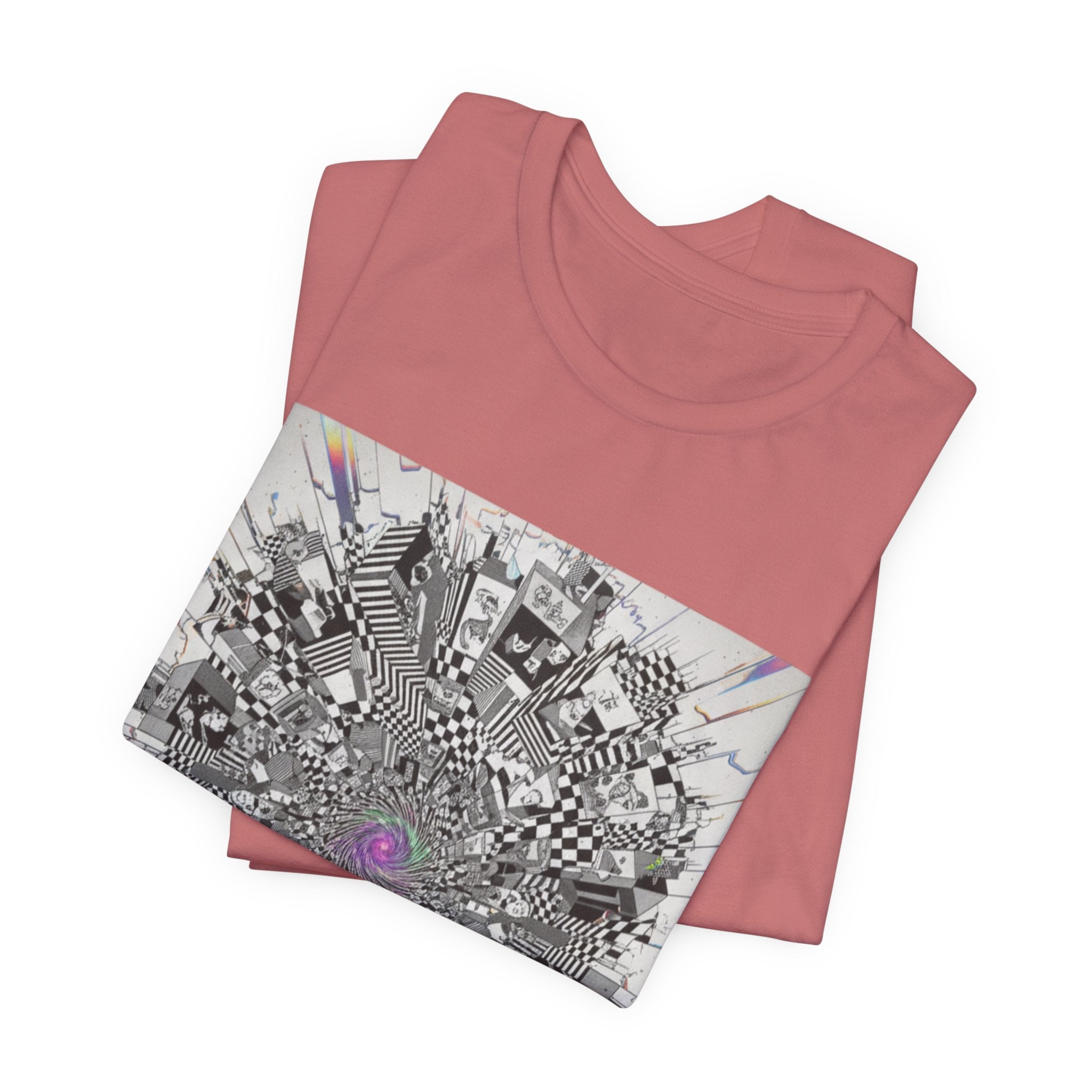 Psychedelic Cityscape Tee — Abstract Optical Art T‑Shirt with Purple Eye