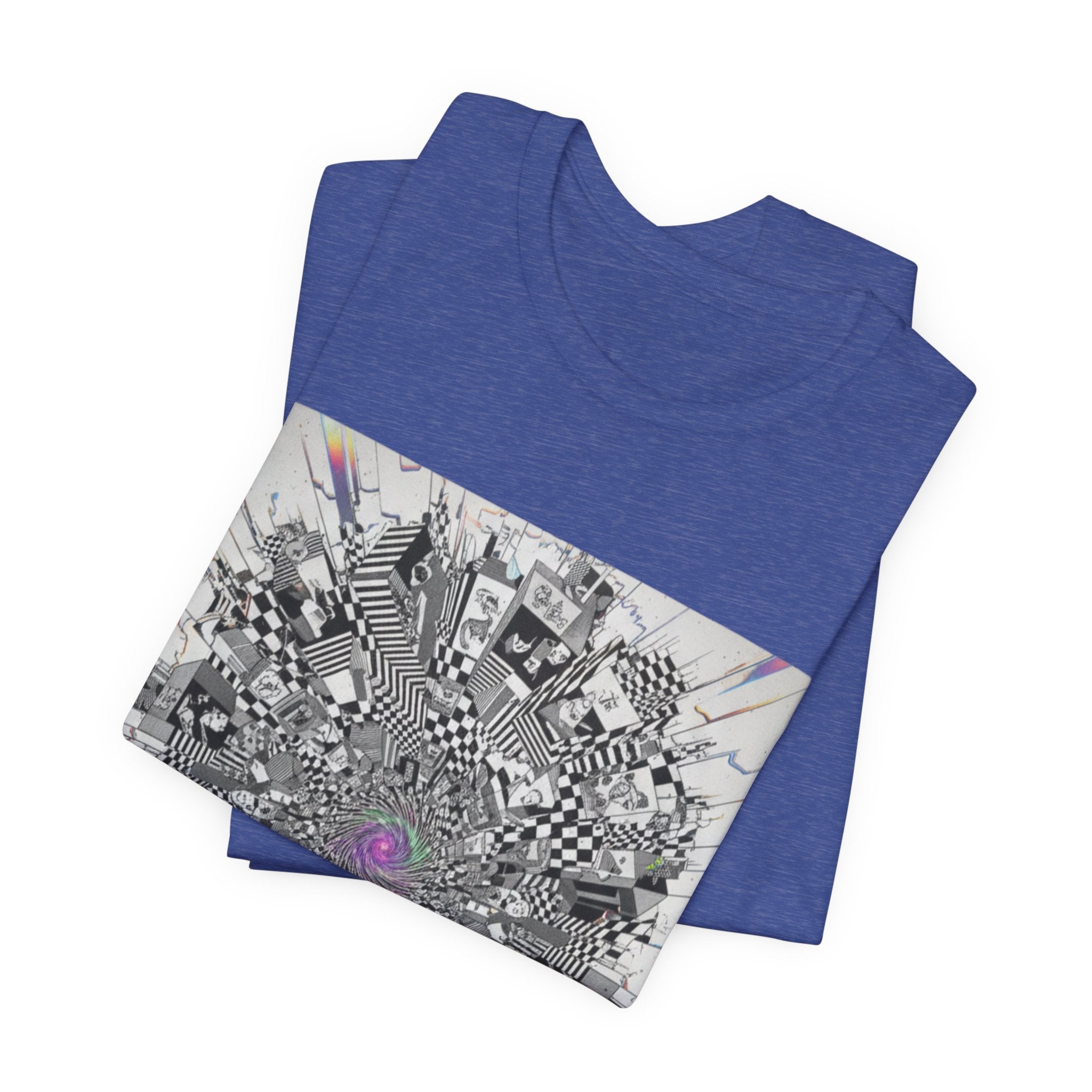 Psychedelic Cityscape Tee — Abstract Optical Art T‑Shirt with Purple Eye