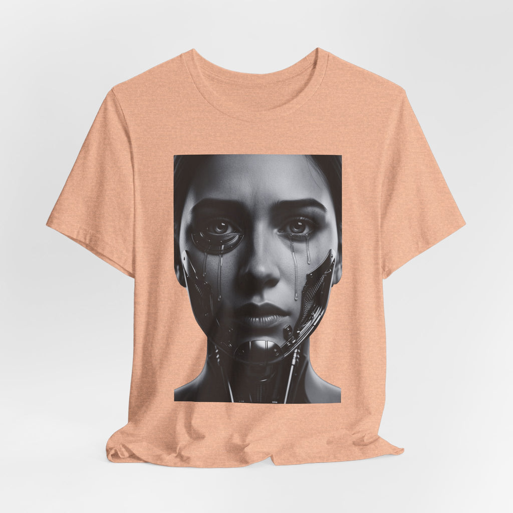 Cybernetic Woman Portrait Tee — Futuristic Black & White Sci‑Fi Face Graphic T-Shirt