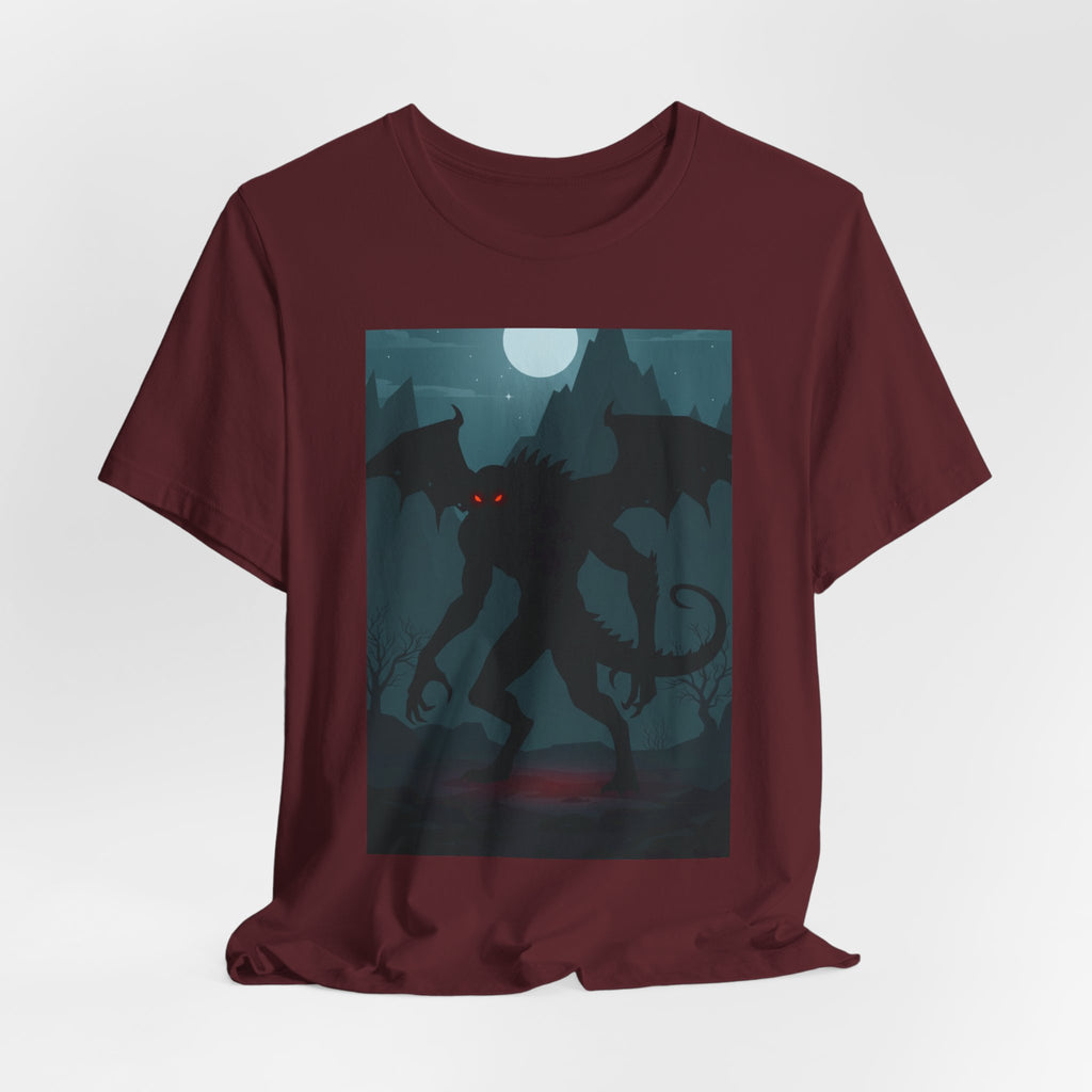Cthulhu Nightscape T-Shirt — Lovecraftian Monster Tee with Glowing Red Eyes