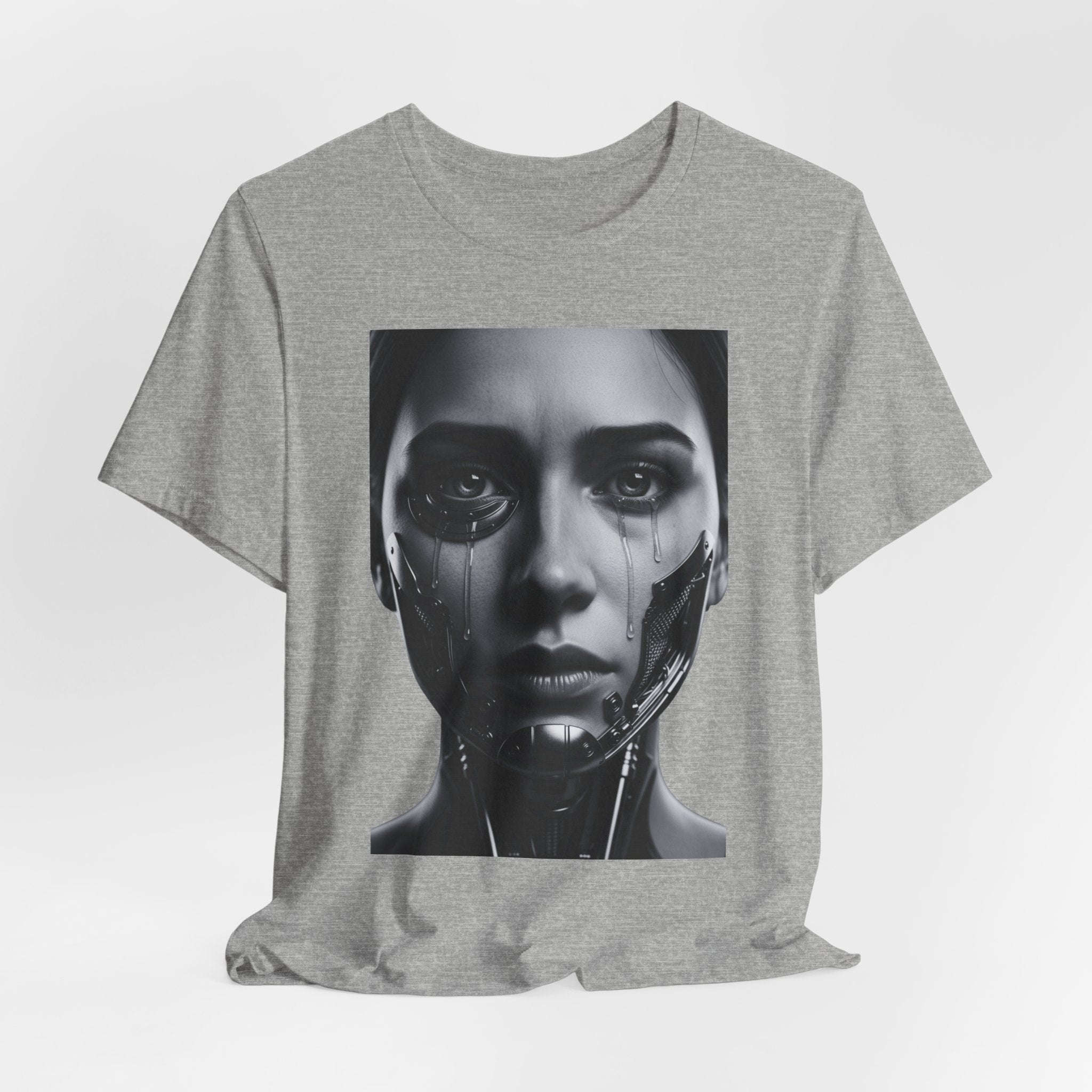 Cybernetic Woman Portrait Tee — Futuristic Black & White Sci‑Fi Face Graphic T-Shirt
