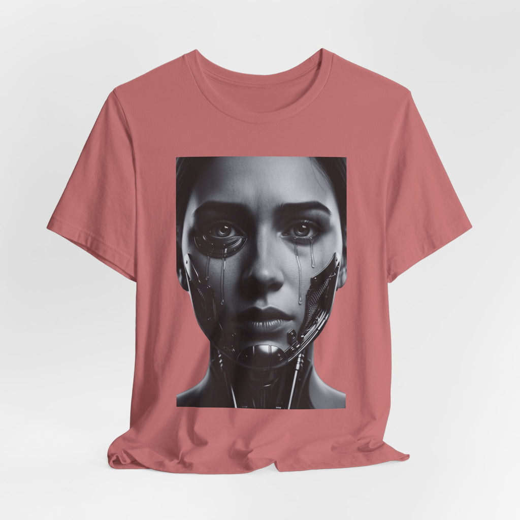 Cybernetic Woman Portrait Tee — Futuristic Black & White Sci‑Fi Face Graphic T-Shirt
