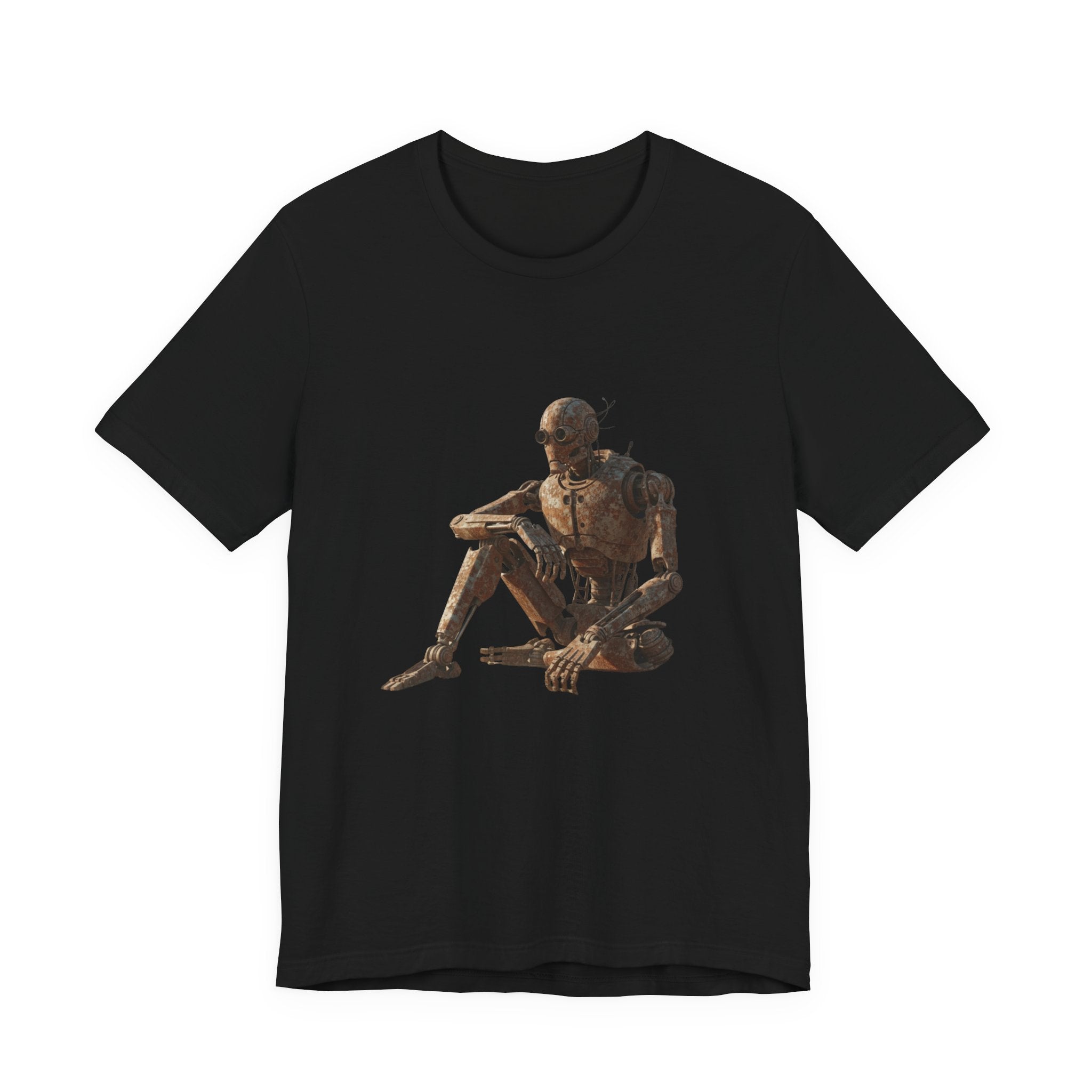 Rustic Robot Art Tee — Sitting Cyborg Graphic T-Shirt